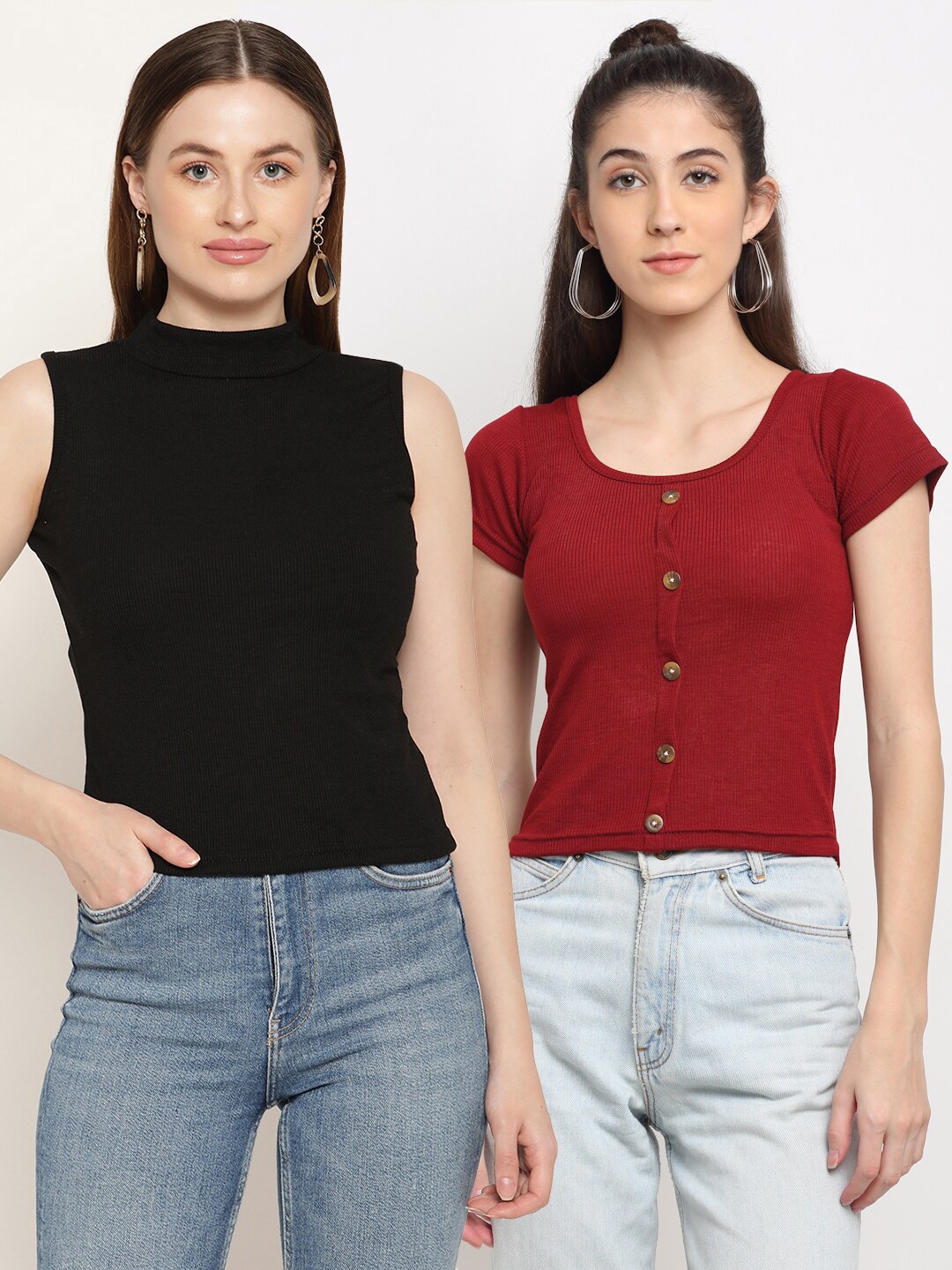 

Miaz Lifestyle Pack Of 2 Ribbed Round Neck Fitted Cotton Top, Black