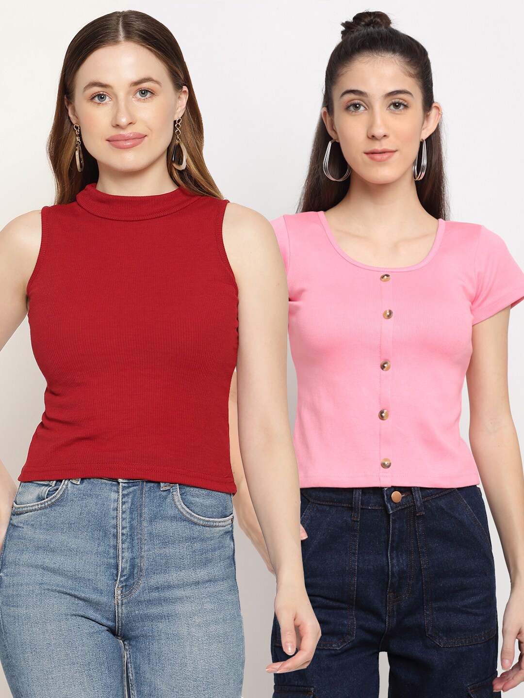 

Miaz Lifestyle Pack of 2 Cotton Crop Top, Red