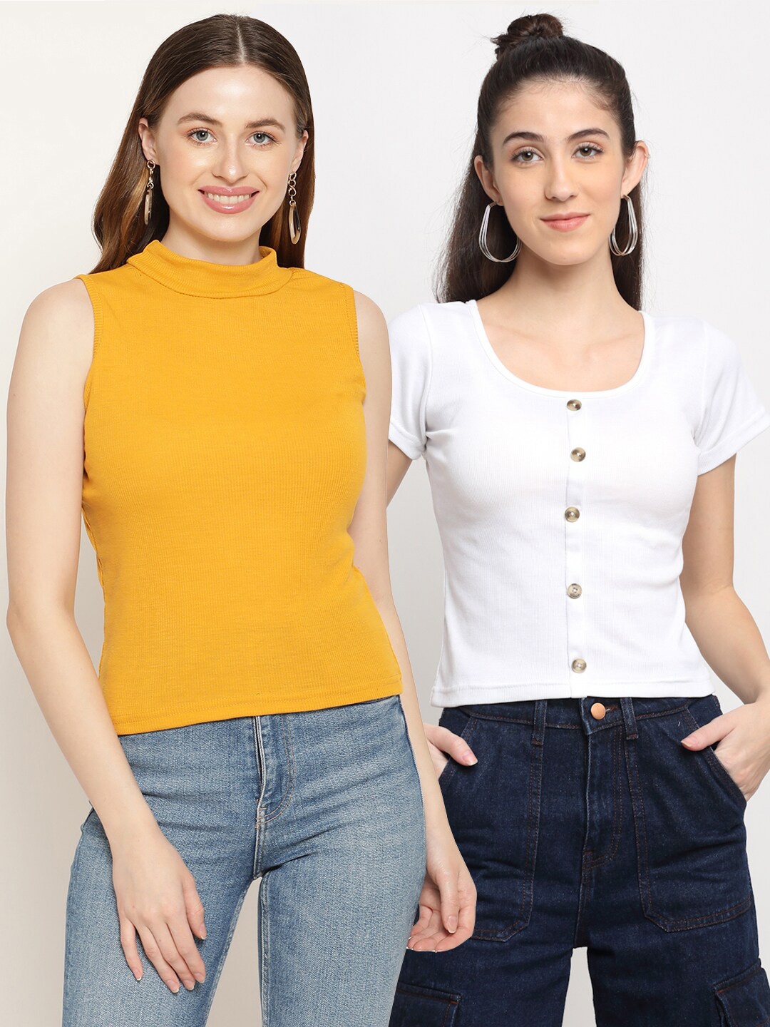 

Miaz Lifestyle Pack Of 2 Ribbed Cotton Fitted Top, Mustard