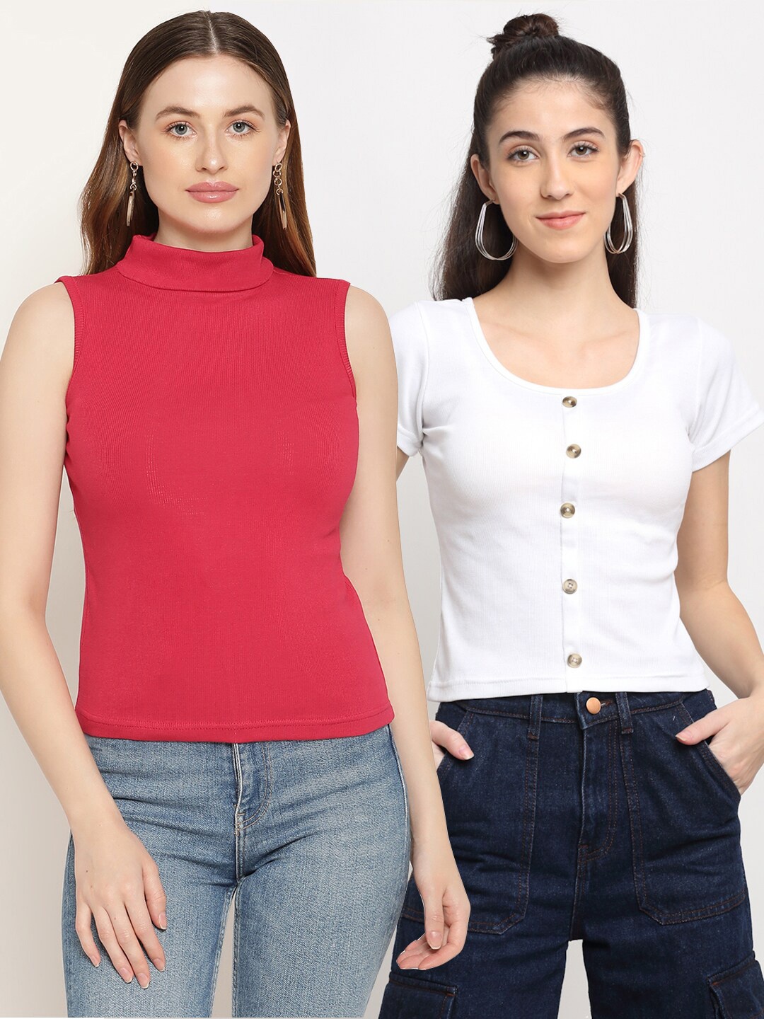 

Miaz Lifestyle Pack Of 2 Ribbed Cotton Fitted Top, Red