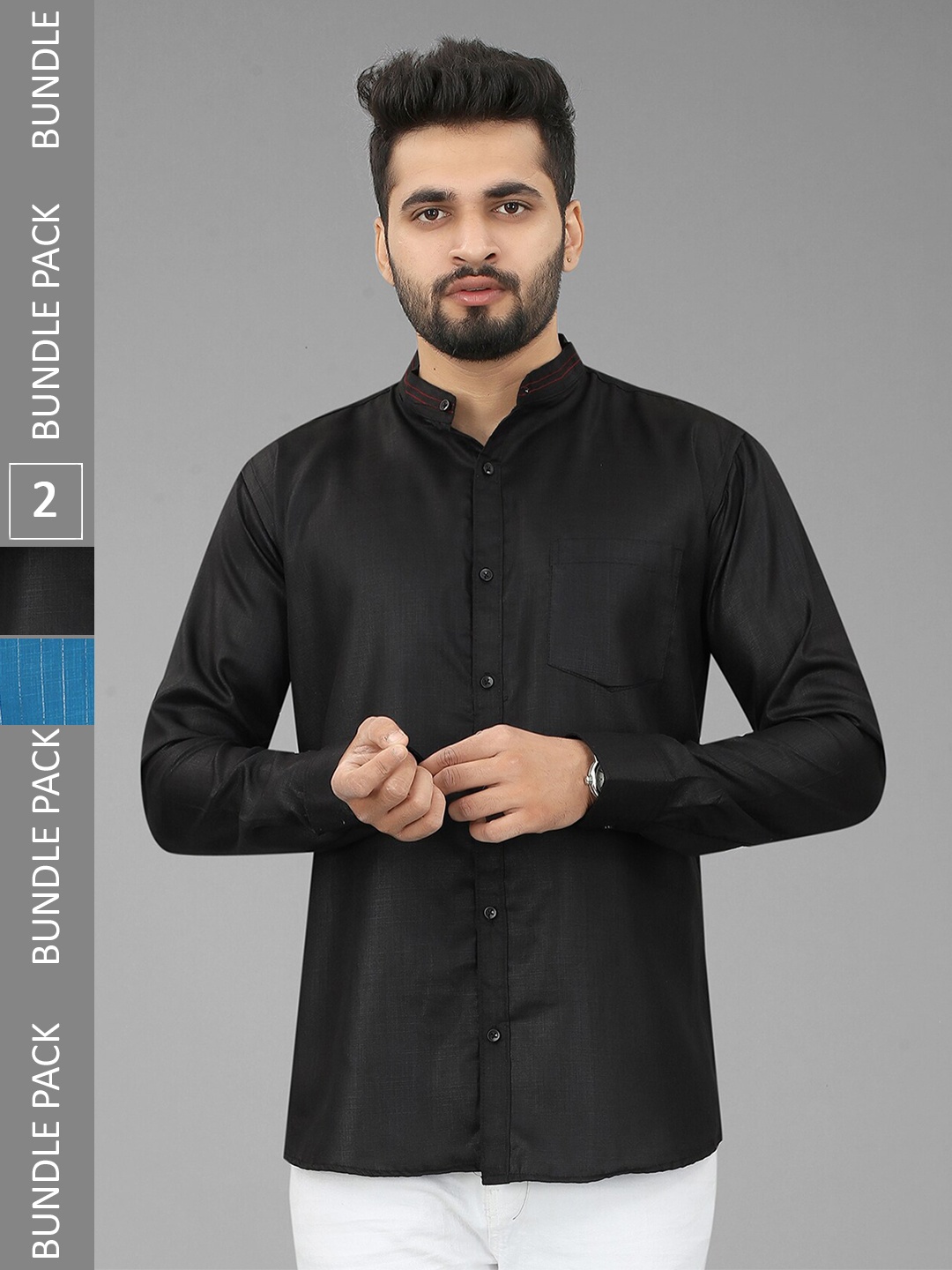 

N N ENTERPRISE Pack Of 2 Mandarin Collar Casual Shirt, Black