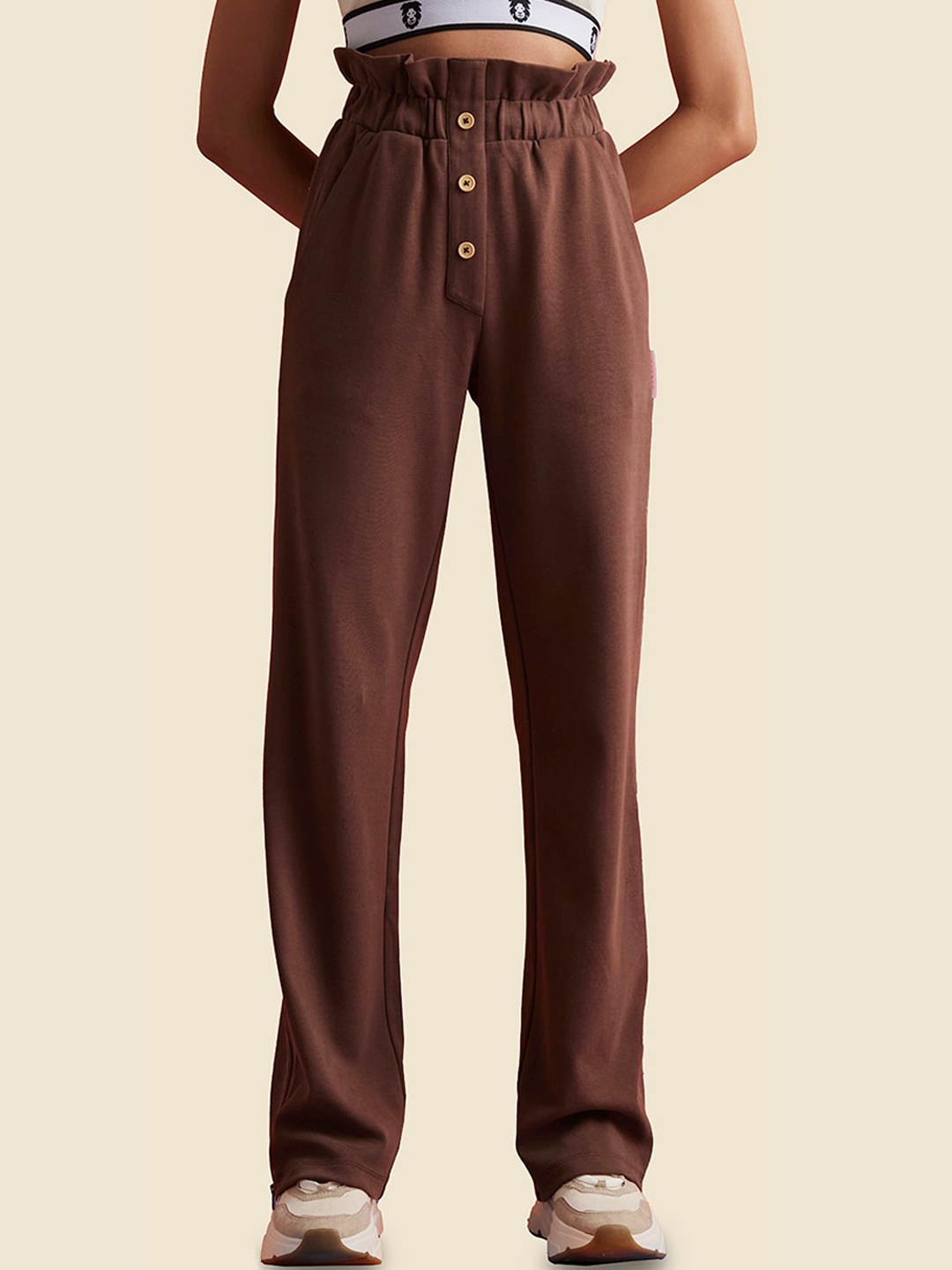 

Muvazo Women Custom Straight Fit Cotton Parallel Trousers, Brown