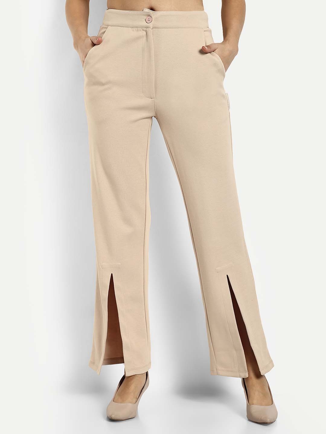 

Muvazo Women Custom Straight Fit Cotton Parallel Trousers, Beige