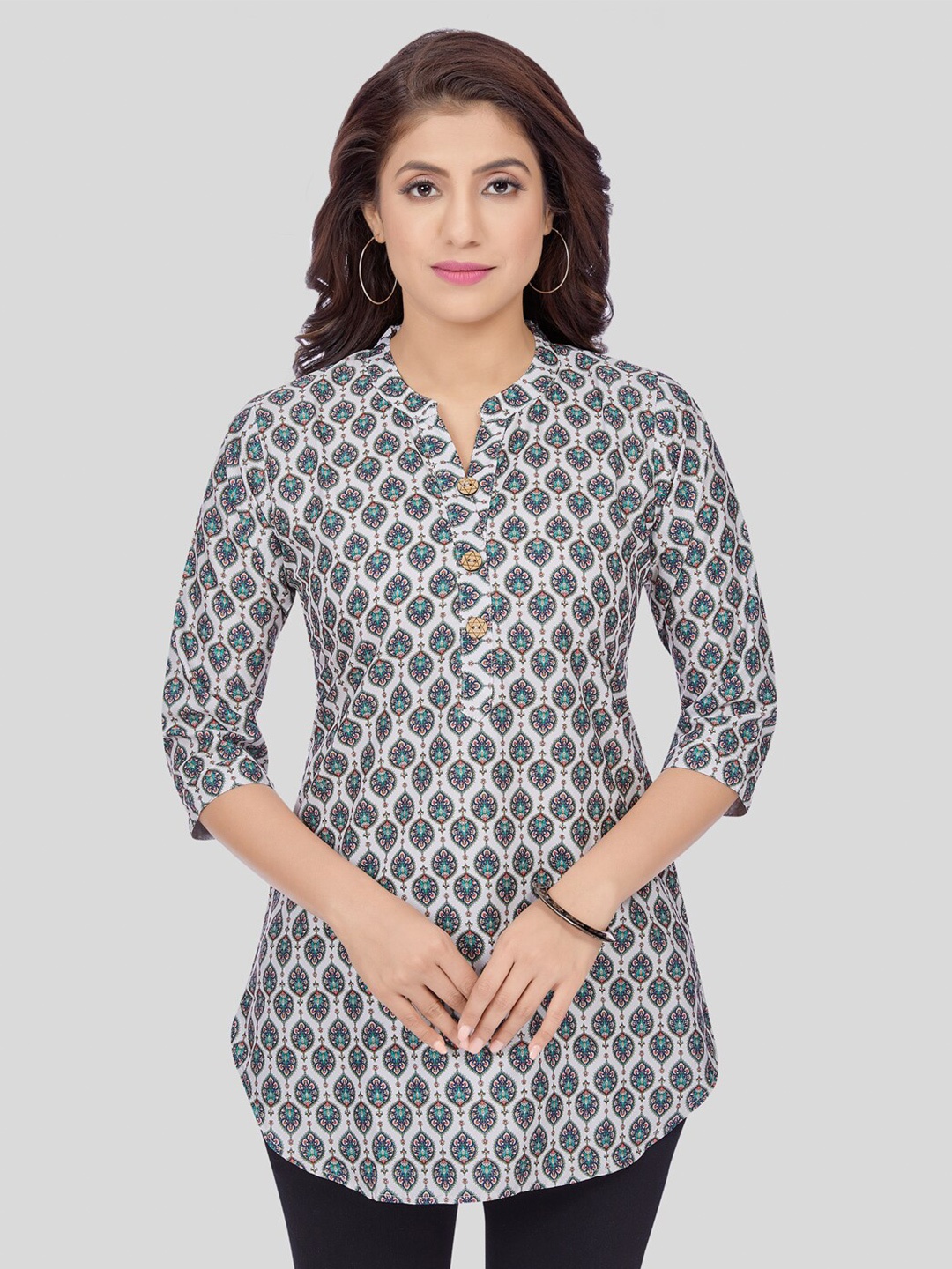 

Saree Swarg Ethnic Motifs Mandarin Collar Three-Quarter Sleeves Poly Crepe Printed Kurti, White