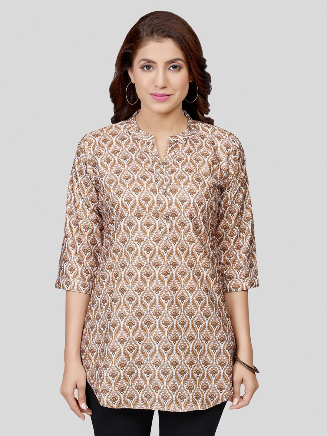 

Saree Swarg Floral Print Mandarin Collar Three-Quarter Sleeves Poly Crepe Printed Kurti, Beige