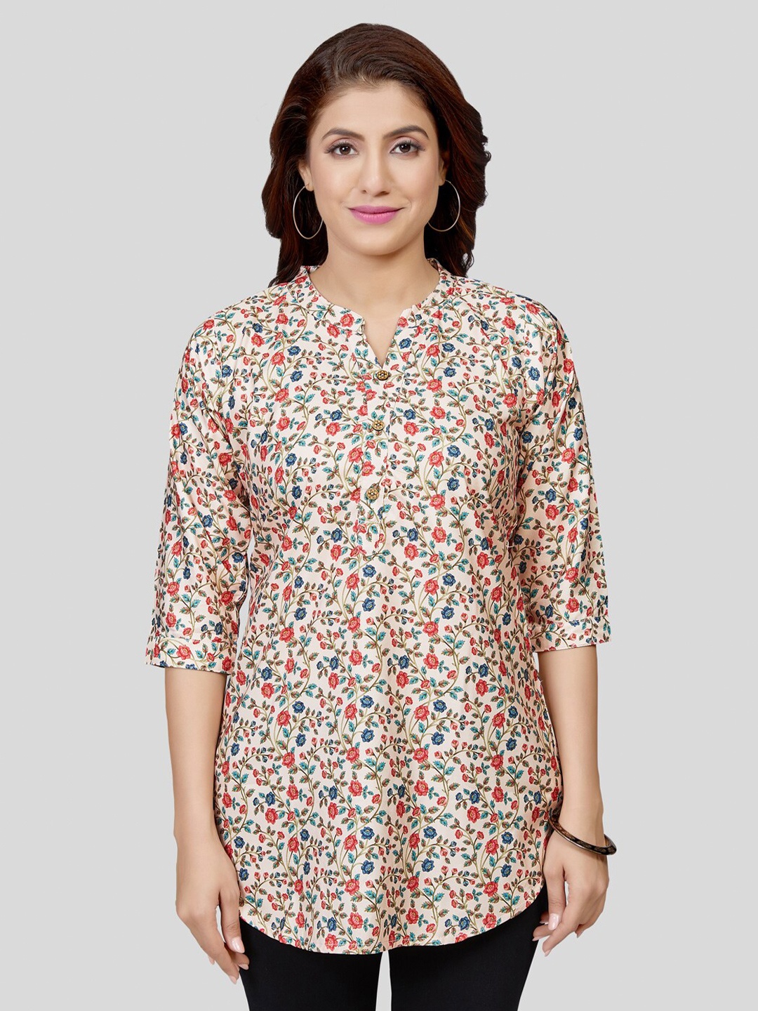 

Saree Swarg Floral Print Mandarin Collar Three-Quarter Sleeves Poly Crepe Printed Kurti, Beige