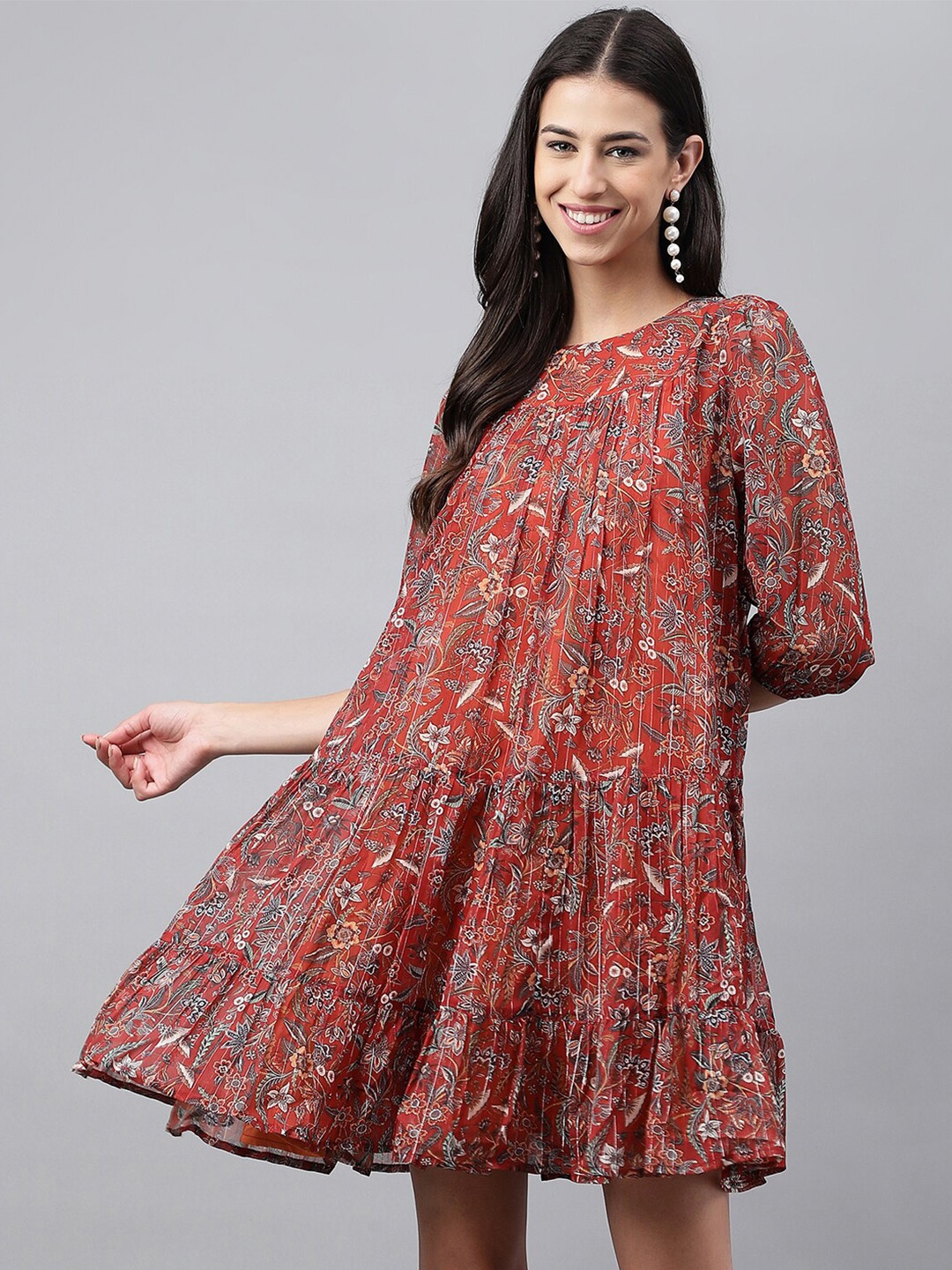 

Janasya Floral Printed Round Neck Gathered A-Line Mini Dress, Rust