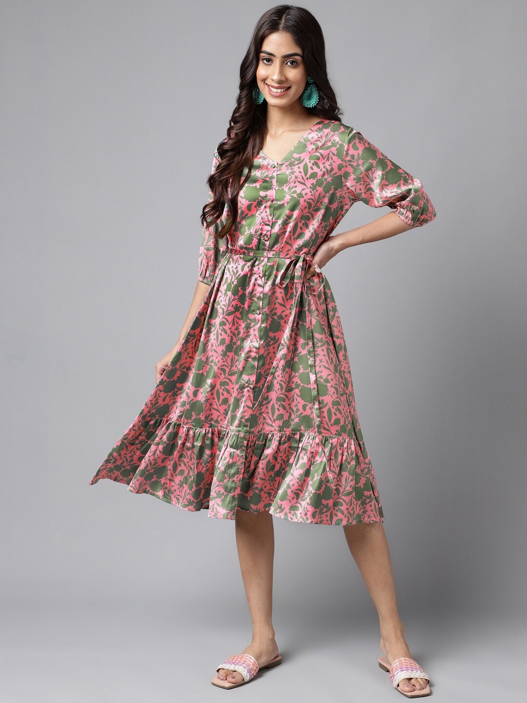 

Janasya Floral Printed V-Neck Cuffed Sleeves Gathered A-Line Dress, Pink