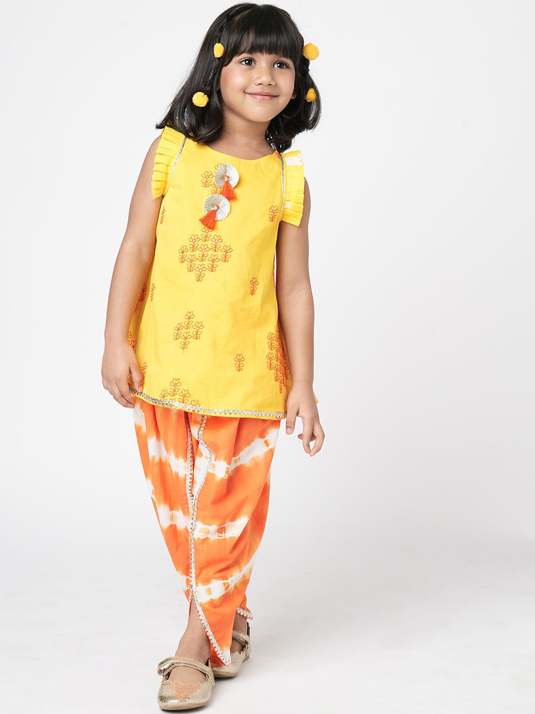 

LIL DRAMA Girls Floral Embroidered Regular Pure Cotton Kurta With Dhoti Pants, Yellow