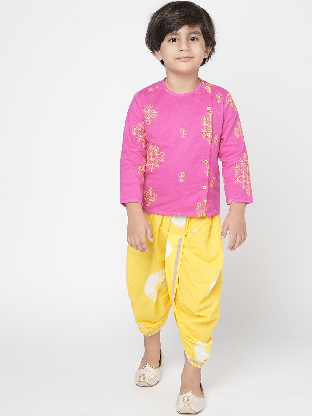 

LIL DRAMA Boys Floral Embroidered Thread Work Pure Cotton Kurta With Dhoti Pants, Pink