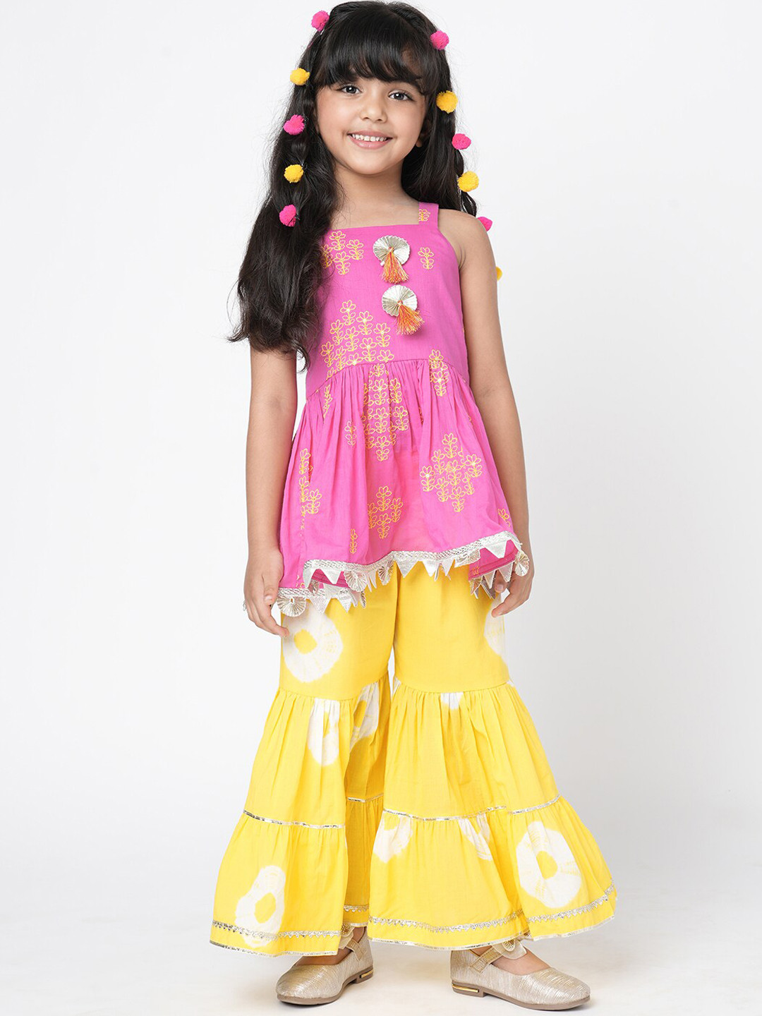 

LIL DRAMA Girls Floral Embroidered Pure Cotton Kurta With Sharara, Pink