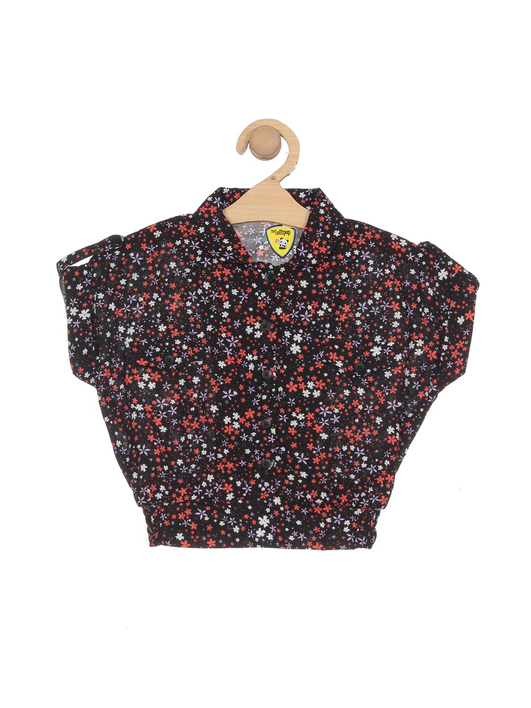 

Lil Lollipop Floral Printed Shirt Style Cotton Top, Black