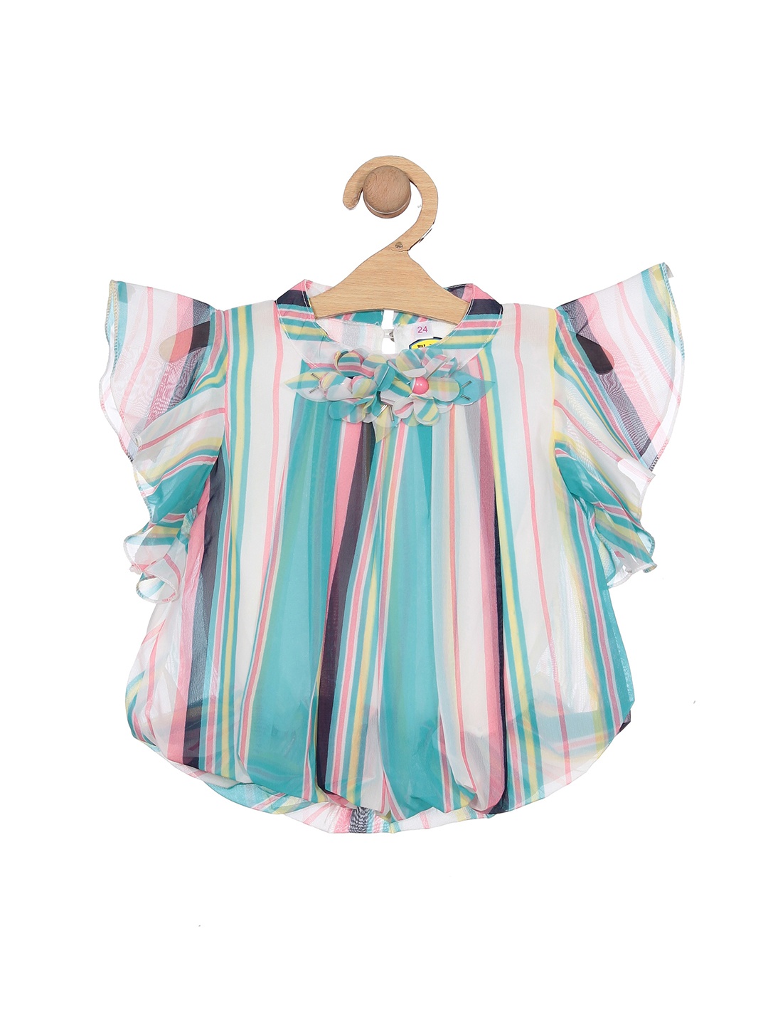 

Lil Lollipop Girls Striped Flared Sleeves Cotton Top, Green