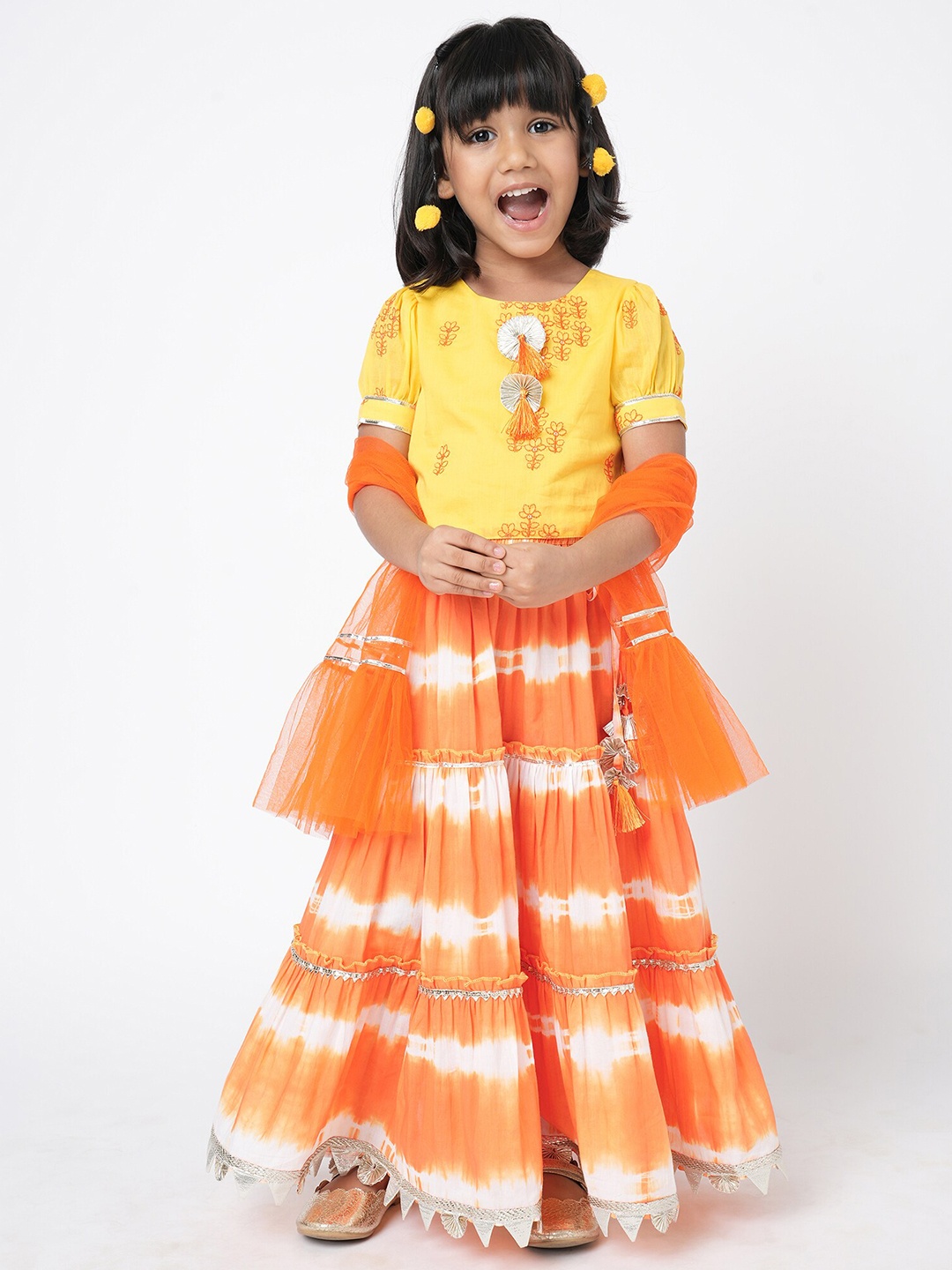 

LIL DRAMA Girls Embroidered Shibori Ready to Wear Lehenga & Blouse With Dupatta, Yellow