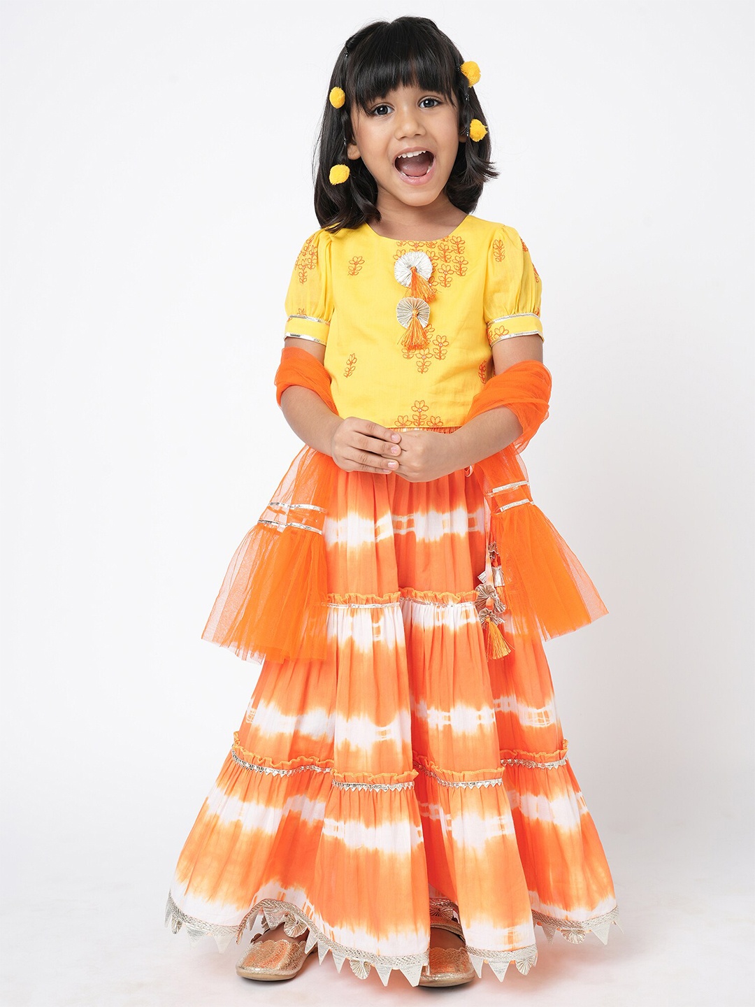 

LIL DRAMA Girls Embroidered Cotton Shibori Ready To Wear Lehenga & Blouse With Dupatta, Yellow