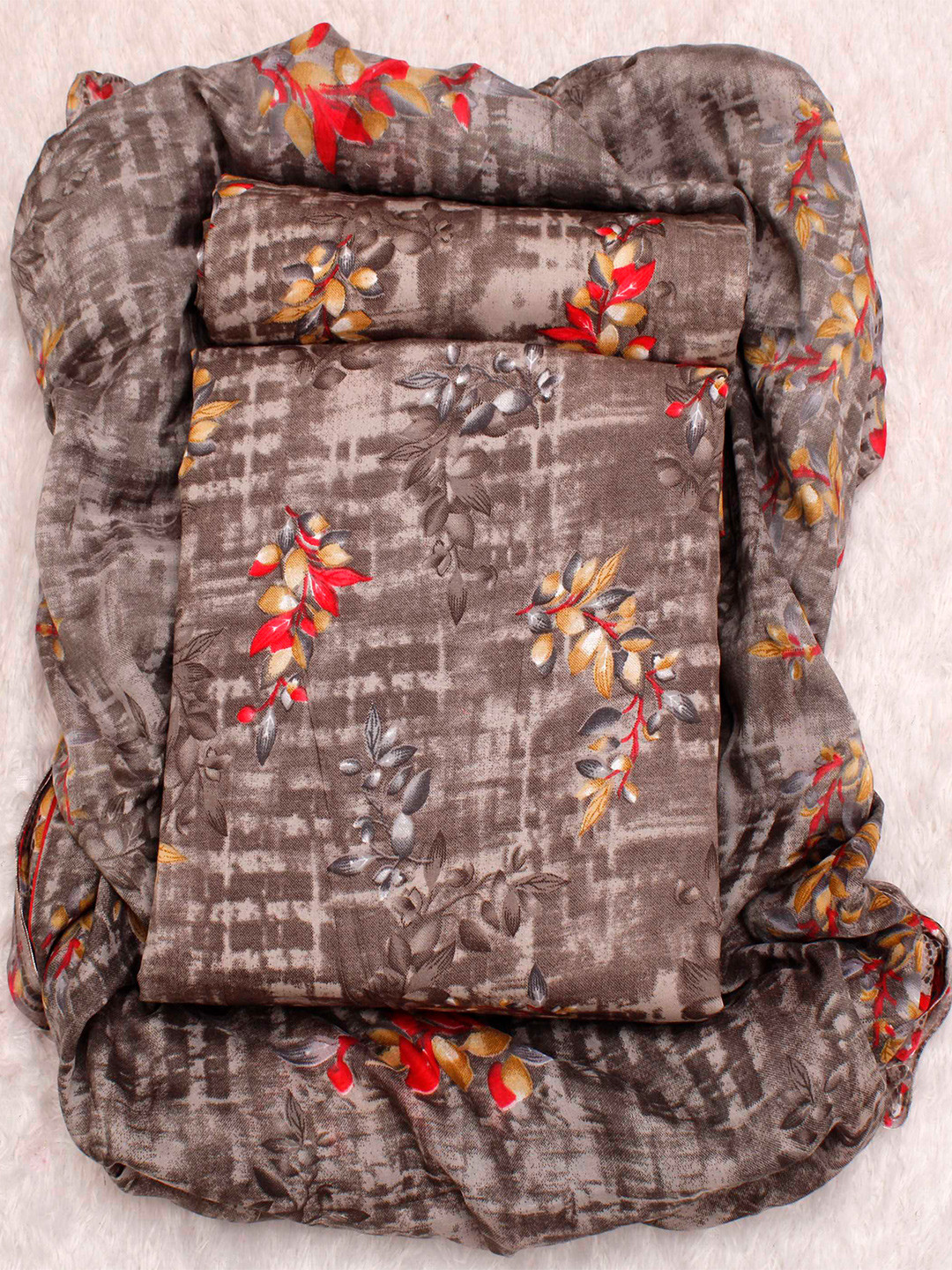 

KALINI Floral Printed Unstitched Dress Material, Coffee brown