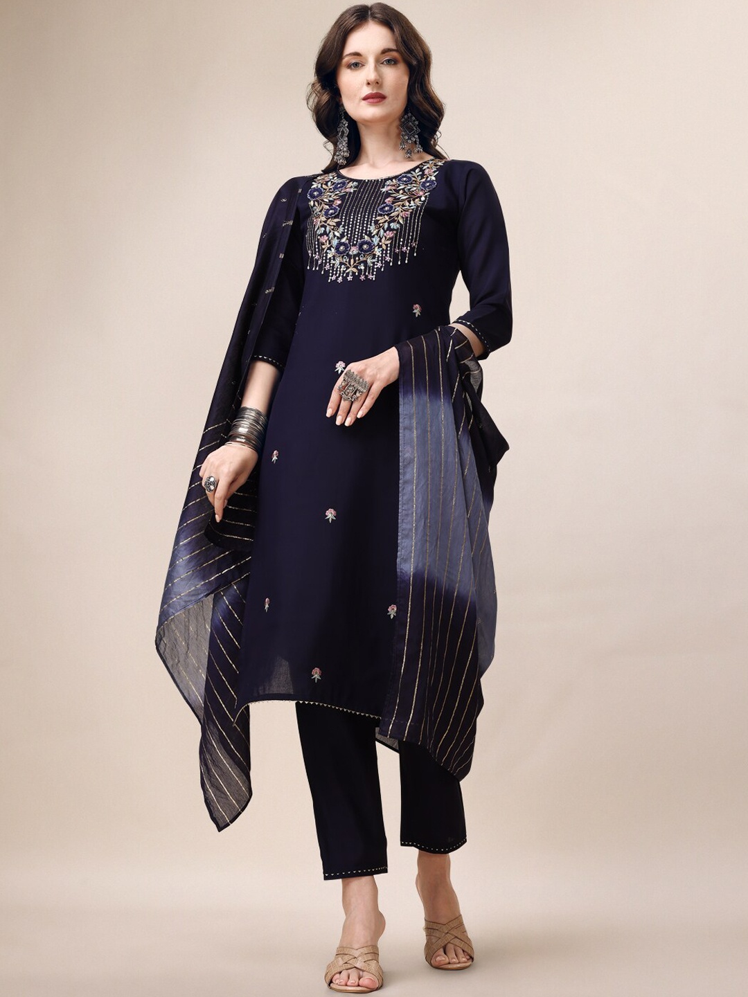 

Berrylicious Round Neck Floral Embroidered Chanderi Cotton Kurta & Trousers With Dupatta, Navy blue