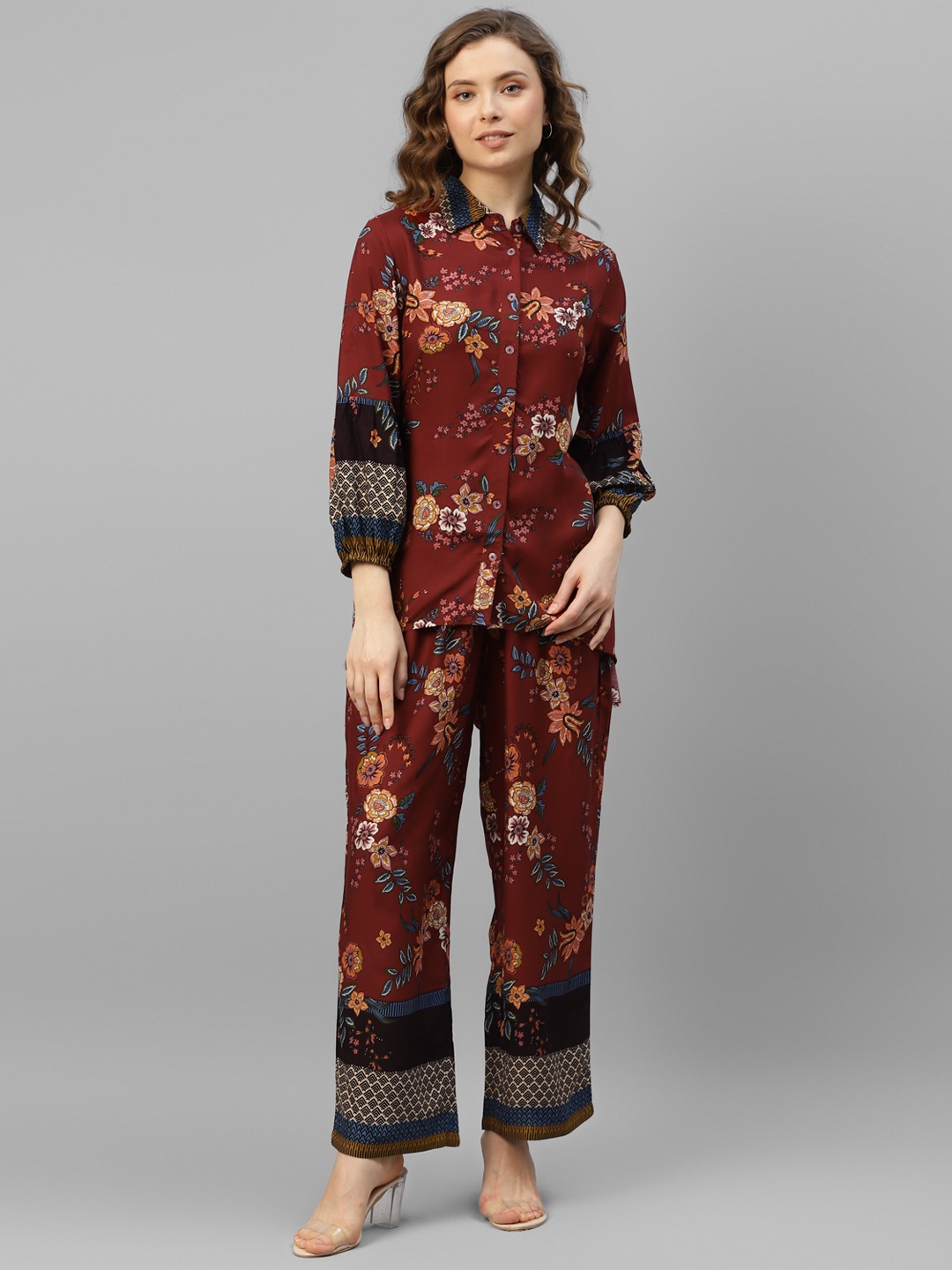 

DEEBACO Floral Printed Shirt With Trouser, Maroon