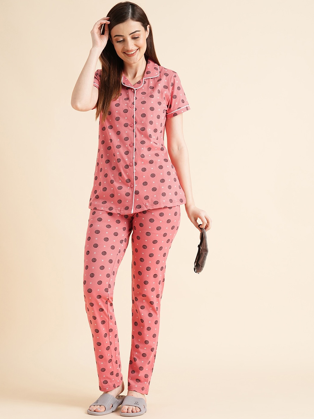 

Sweet Dreams Red & Black Conversational Printed Pure Cotton Night Suits, Pink