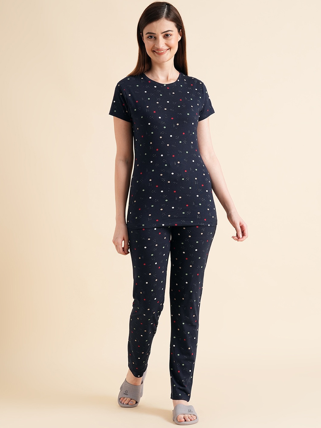 

Sweet Dreams Navy Blue & White Polka Dots Printed Pure Cotton Night Suits