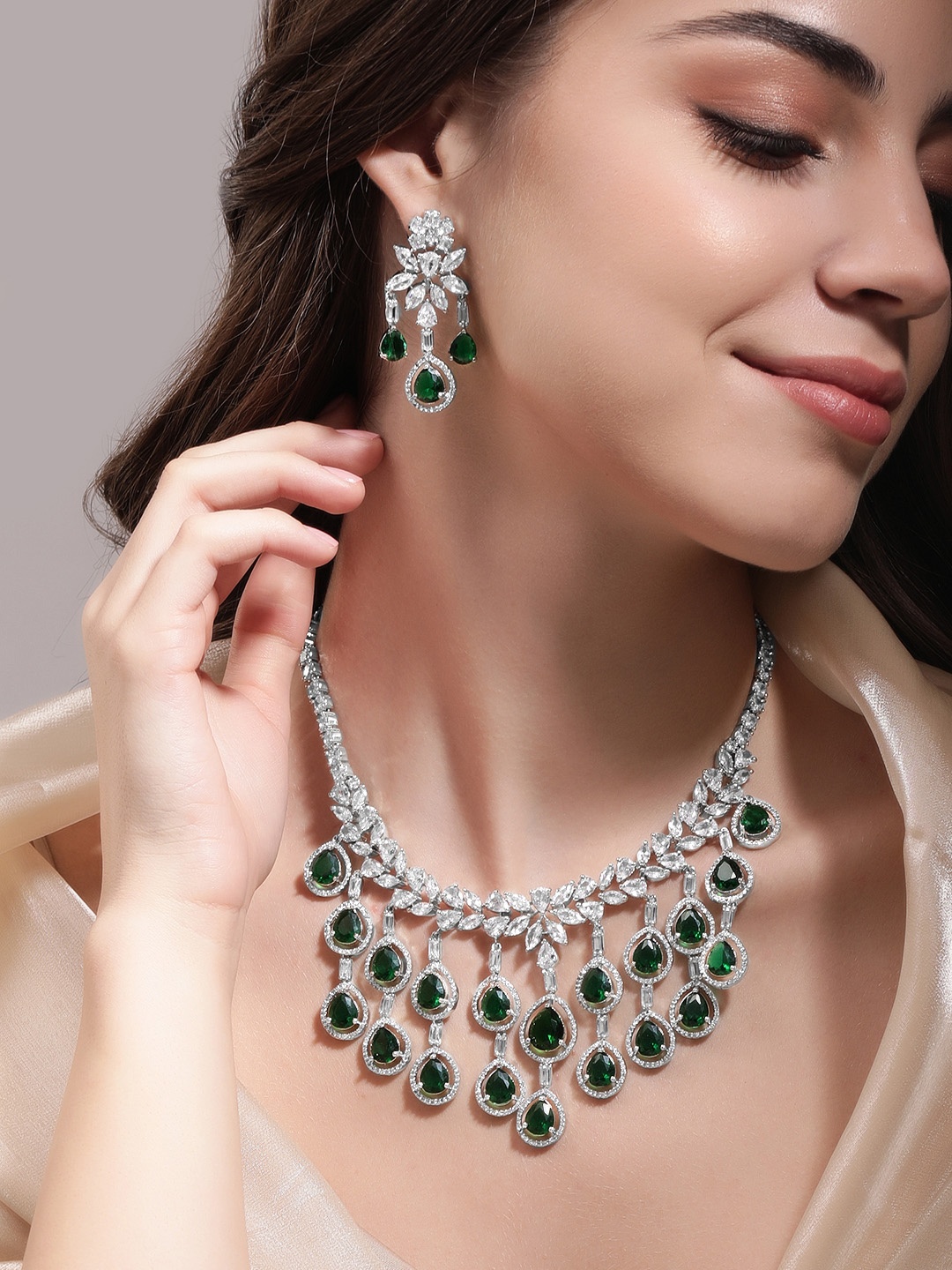 

Rubans Rhodium-Plated CZ-Studded Necklace & Earrings Set, Silver