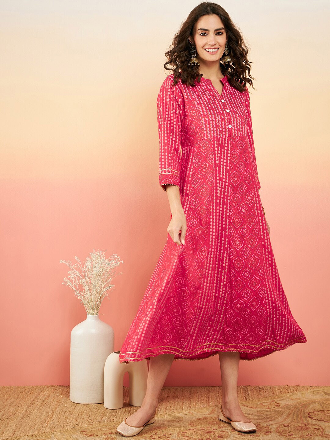 

Sangria Ethnic Motifs Printed Band Collar A-Line Ethnic Dress, Pink