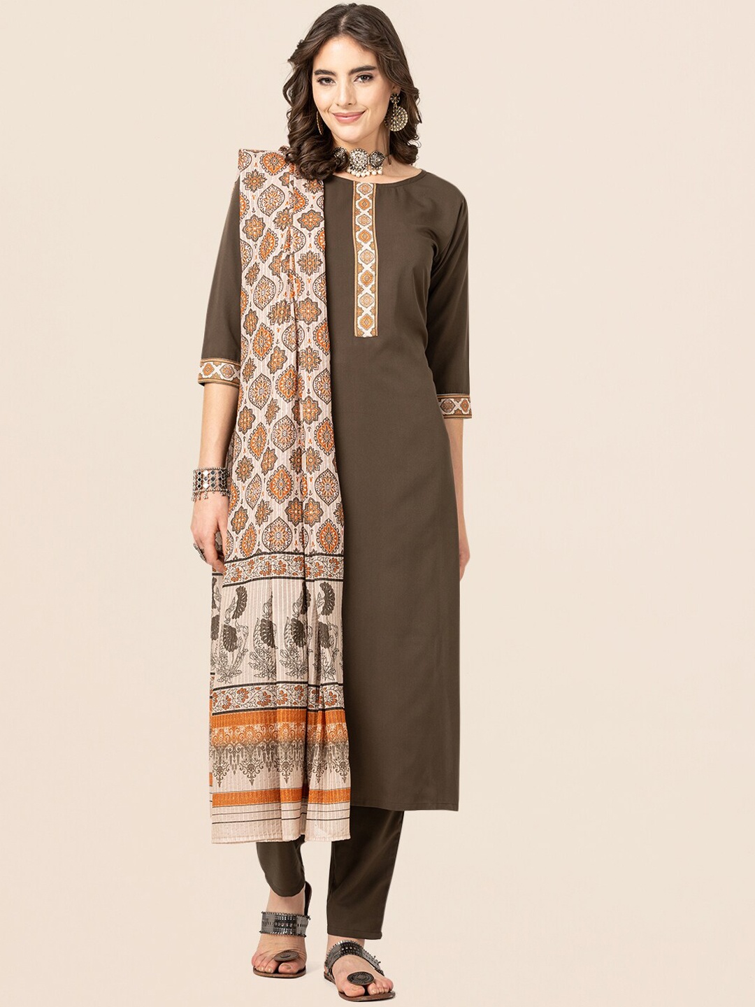 

CLEMIRA Round Neck Straight Kurta & Trousers With Dupatta, Coffee brown