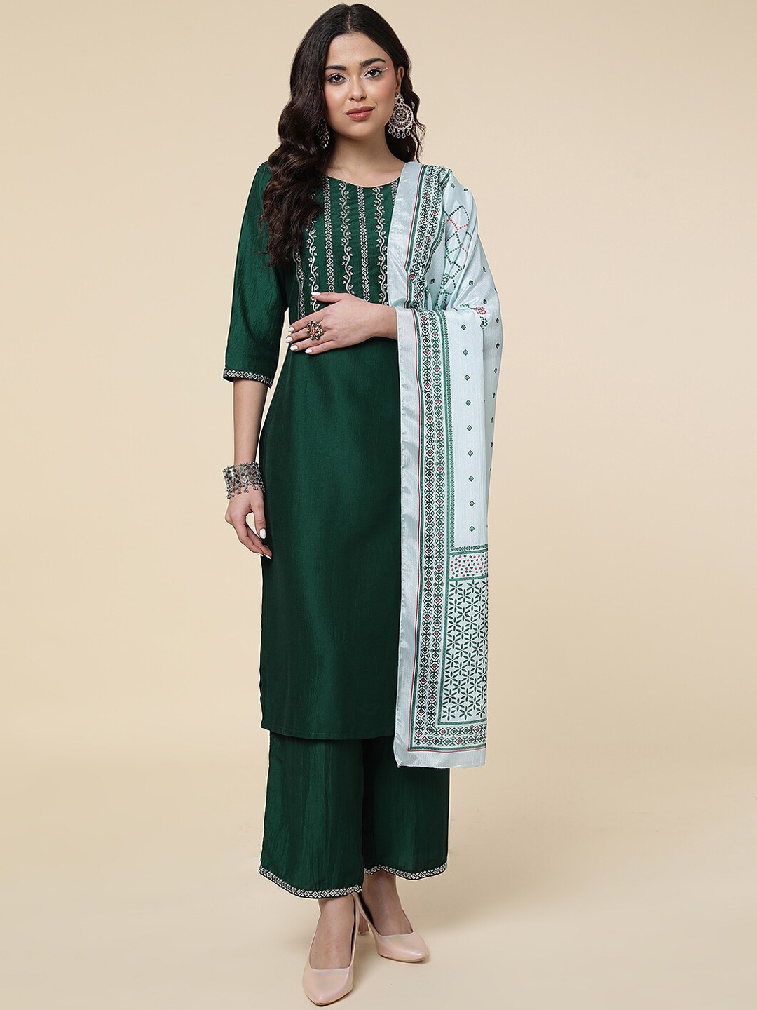 

CLEMIRA Floral Embroidered Kurta & Palazzos With Dupatta, Green