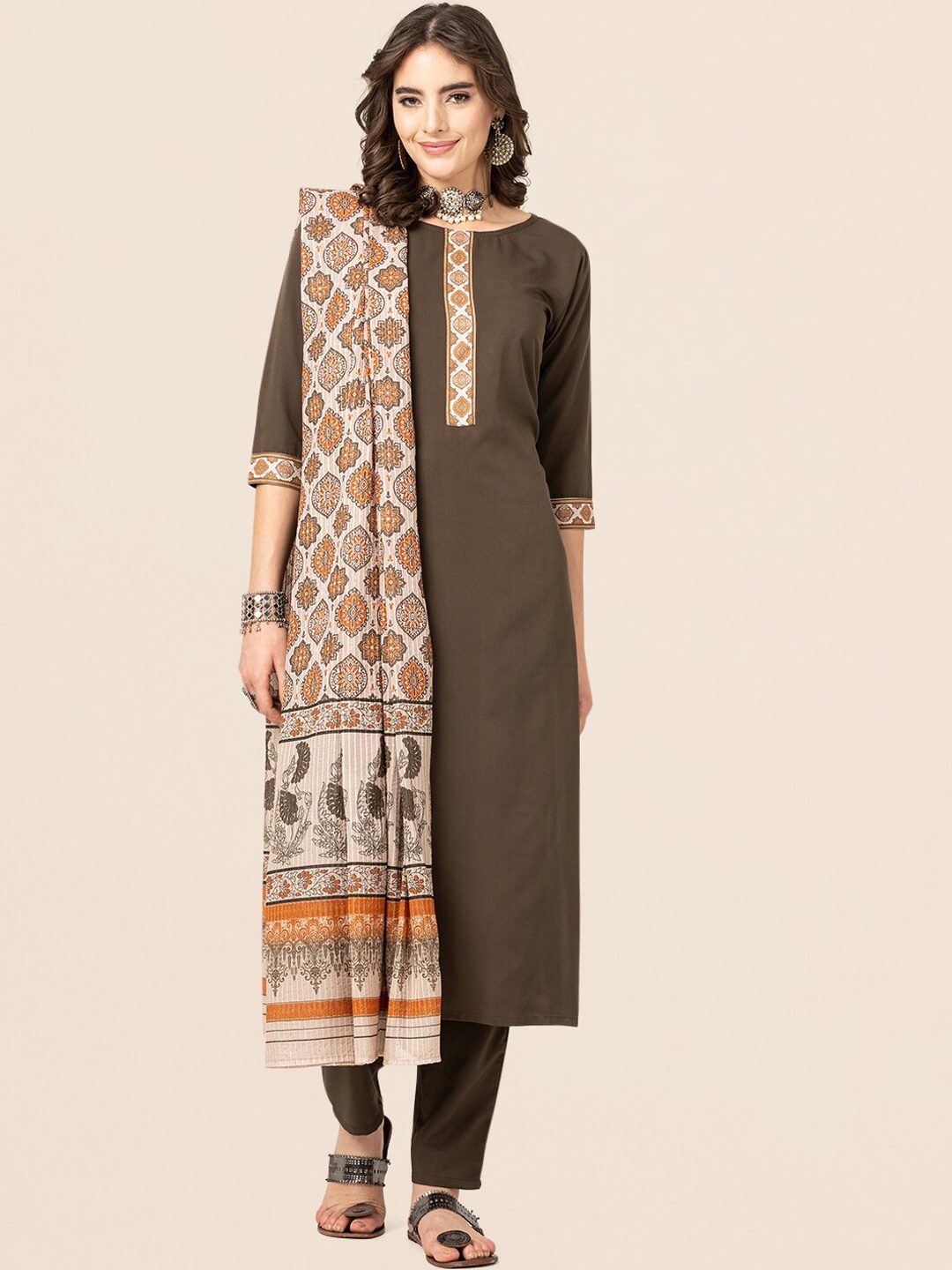 

CLEMIRA Floral Embroidered Kurta with Salwar & With Dupatta, Coffee brown
