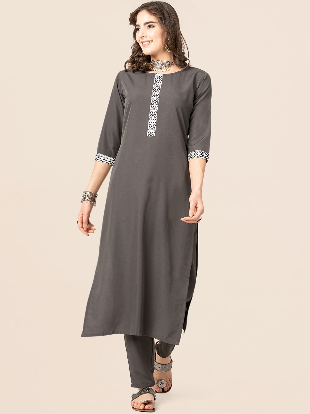 

CLEMIRA Round Neck Straight Kurta & Trousers With Dupatta, Grey