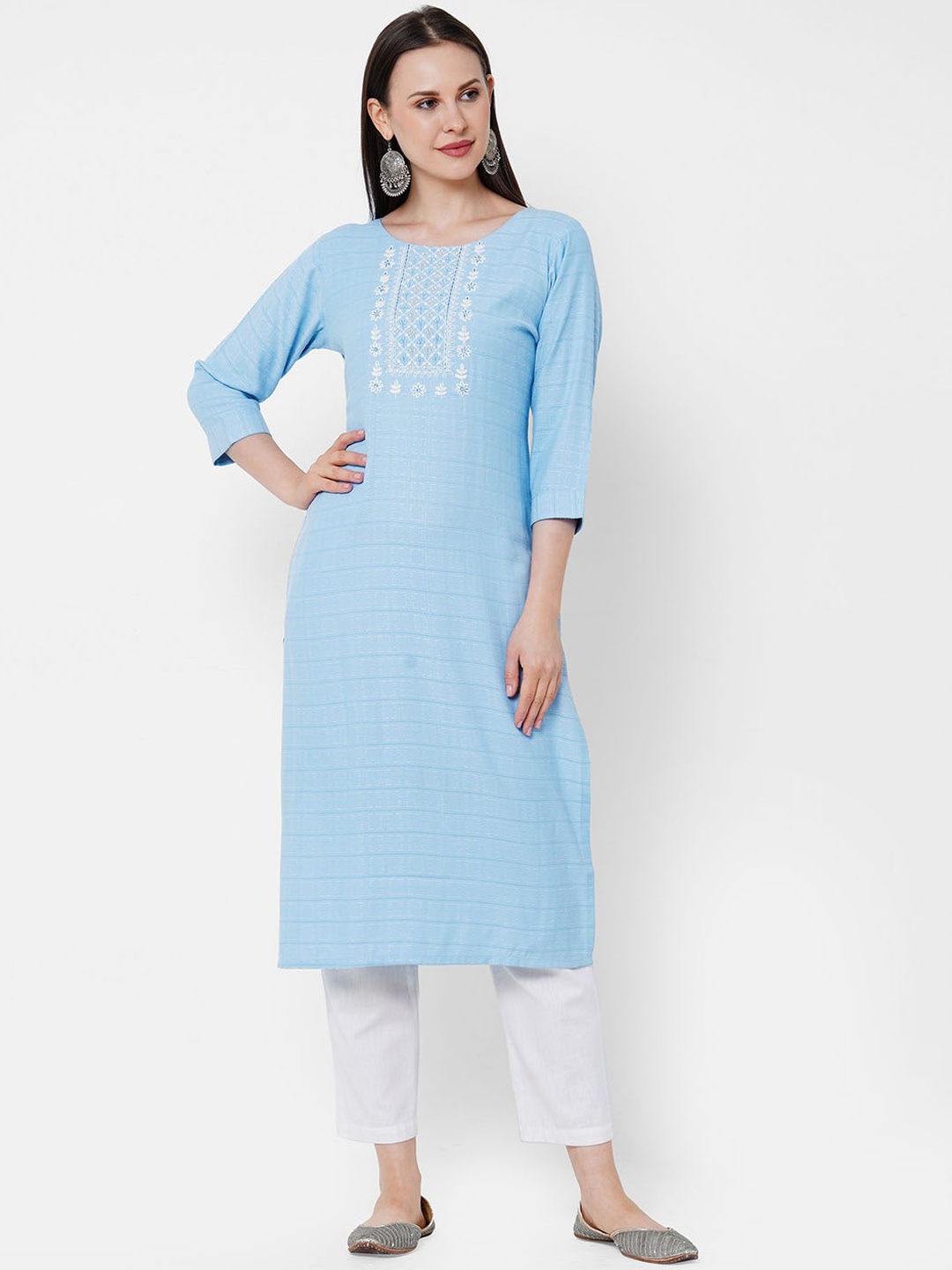 

PINKSKY Geometric Printed Pure Cotton Straight Kurta With Trousers, Blue
