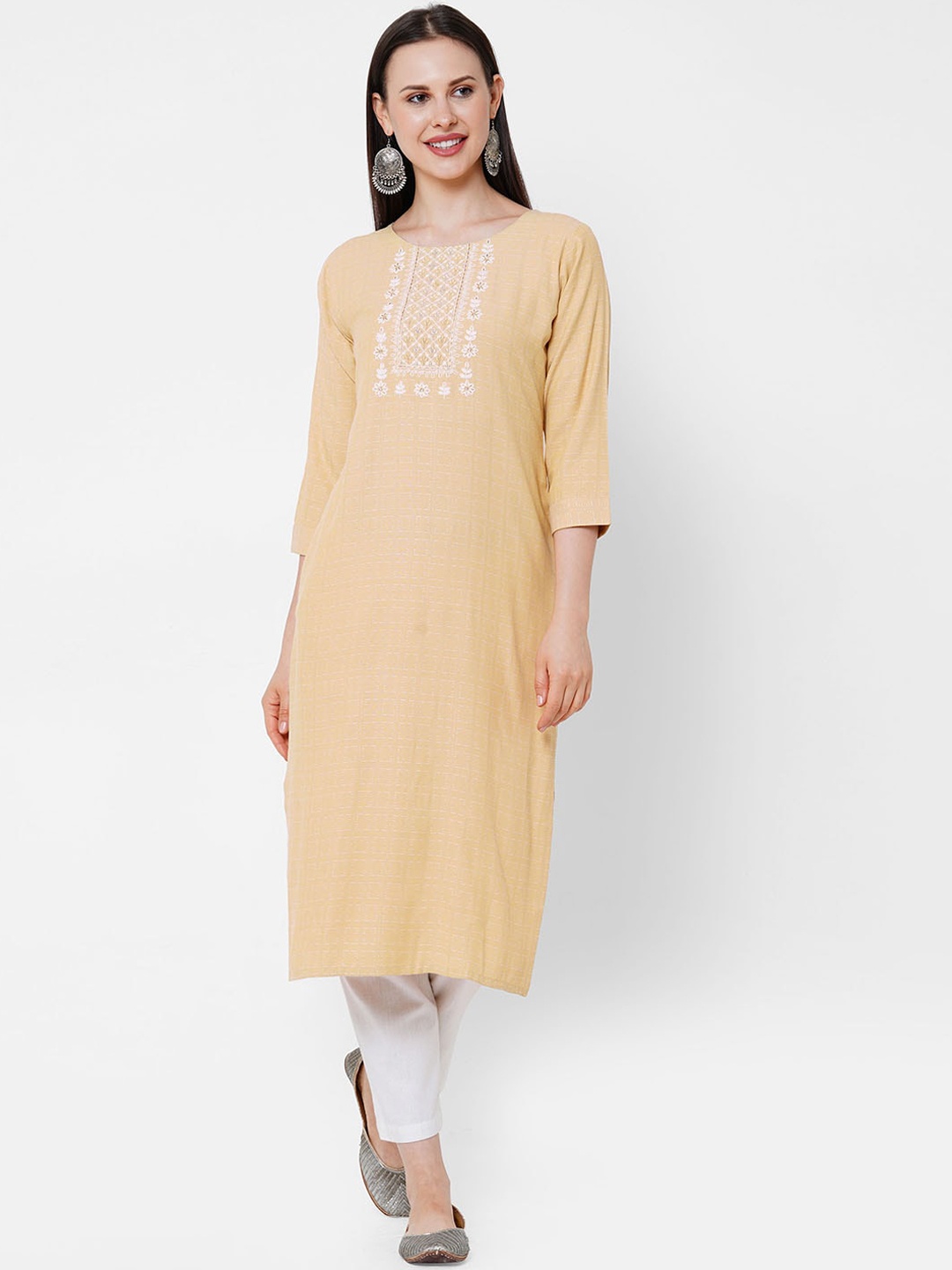 

PRESENT CREATION Ethnic Motifs Printed Thread Work Pure Cotton Straight Kurta & Trousers, Yellow