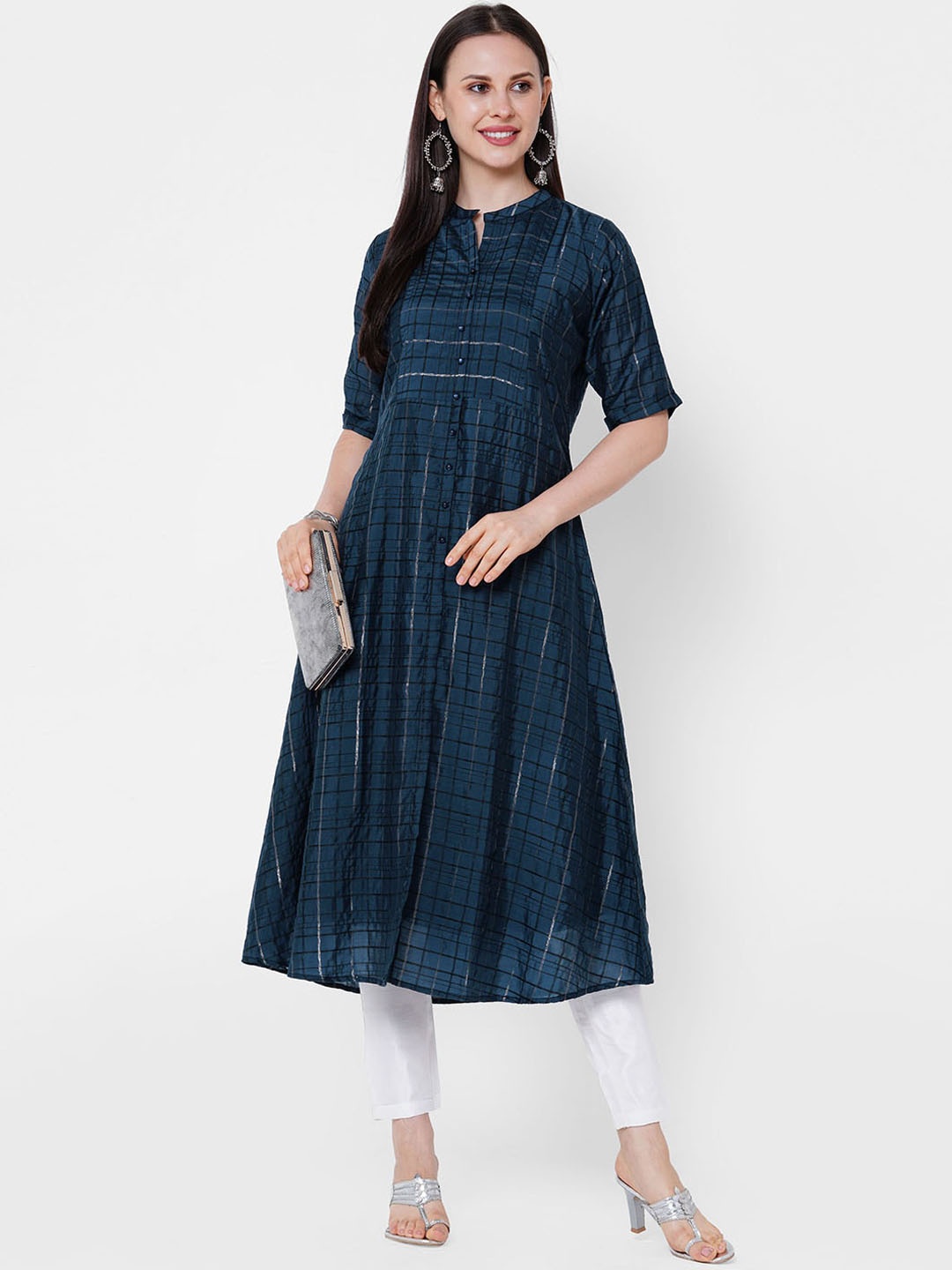 

PRESENT CREATION Woven Design Band Collar Pure Cotton A-Line Kurta With Trousers, Blue