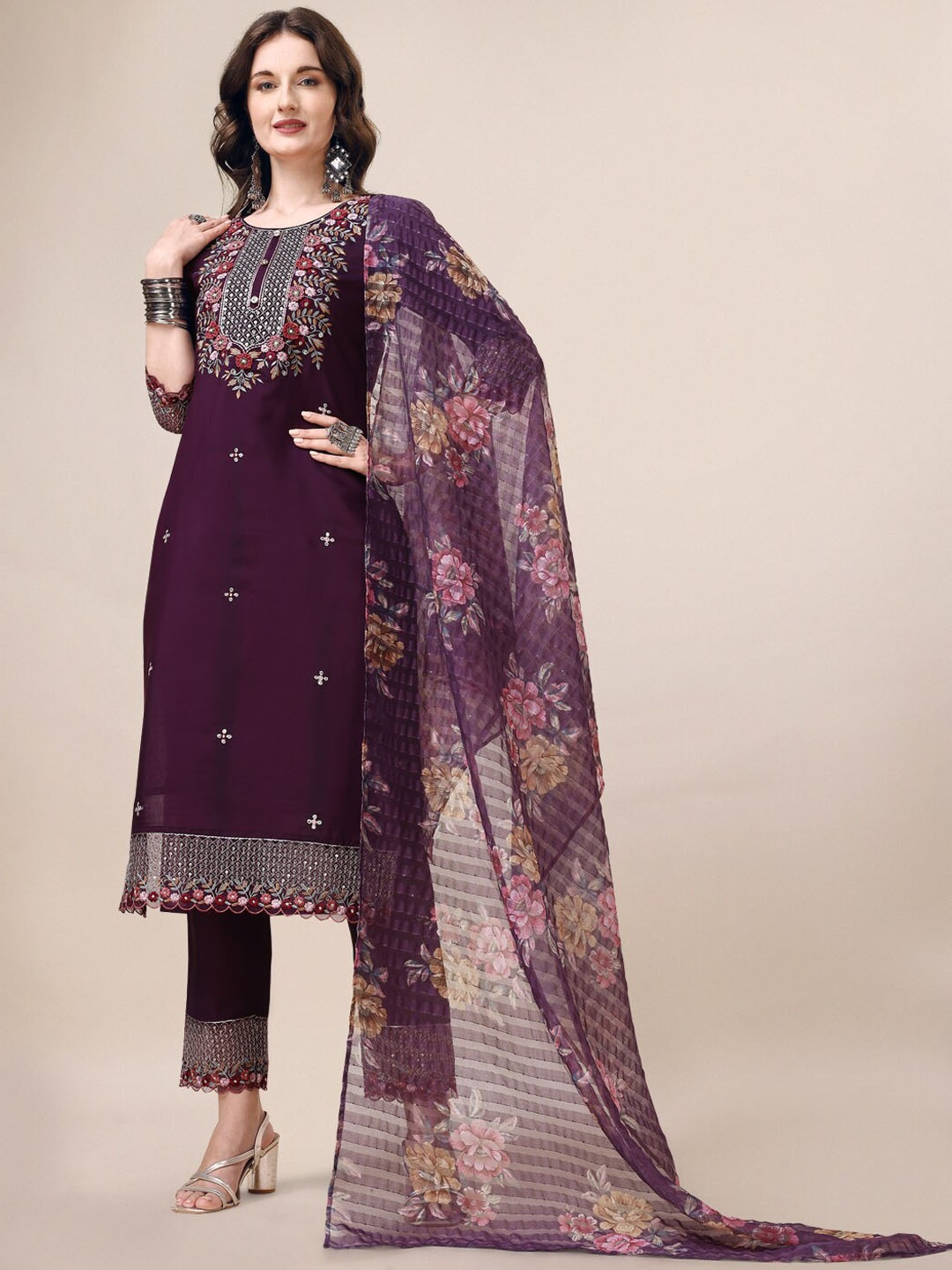 

Berrylicious Floral Embroidered Sequinned Kurta With Trousers & Dupatta, Purple