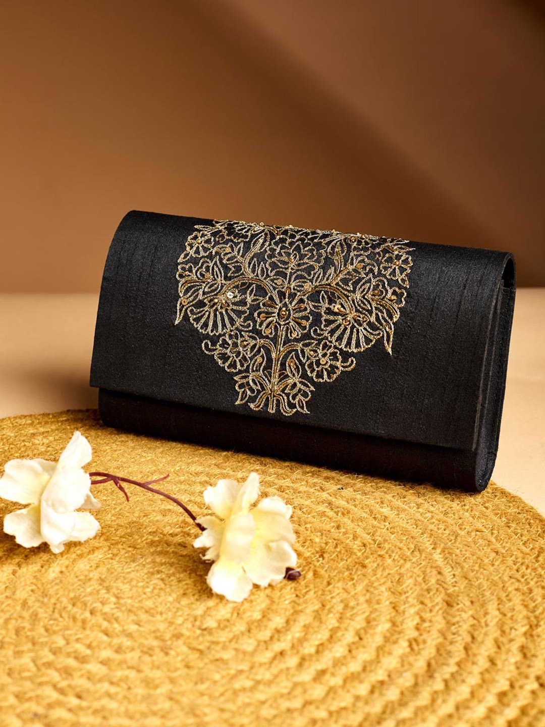 

Fabindia Embroidered Wrist Loop Purse Clutch, Black