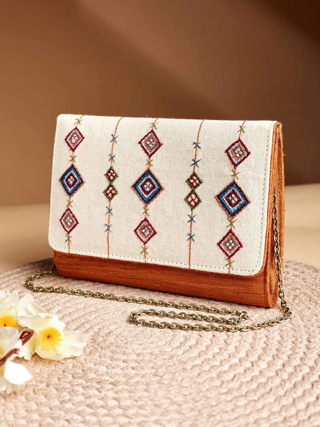 

Fabindia Embroidered Shoulder Strap Foldover Clutch, Brown