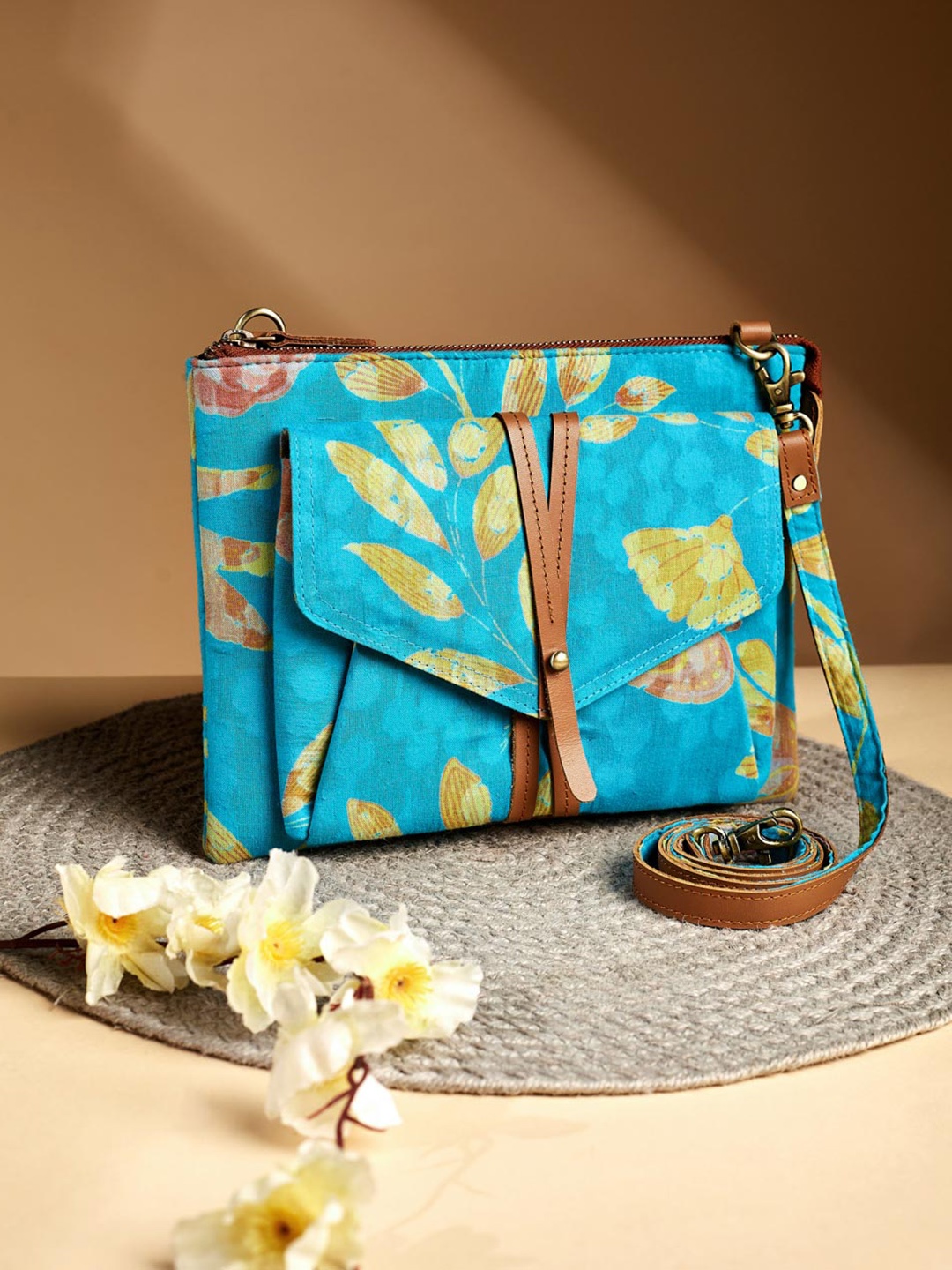 

Fabindia Floral Printed Structured Cotton Sling Bag, Blue