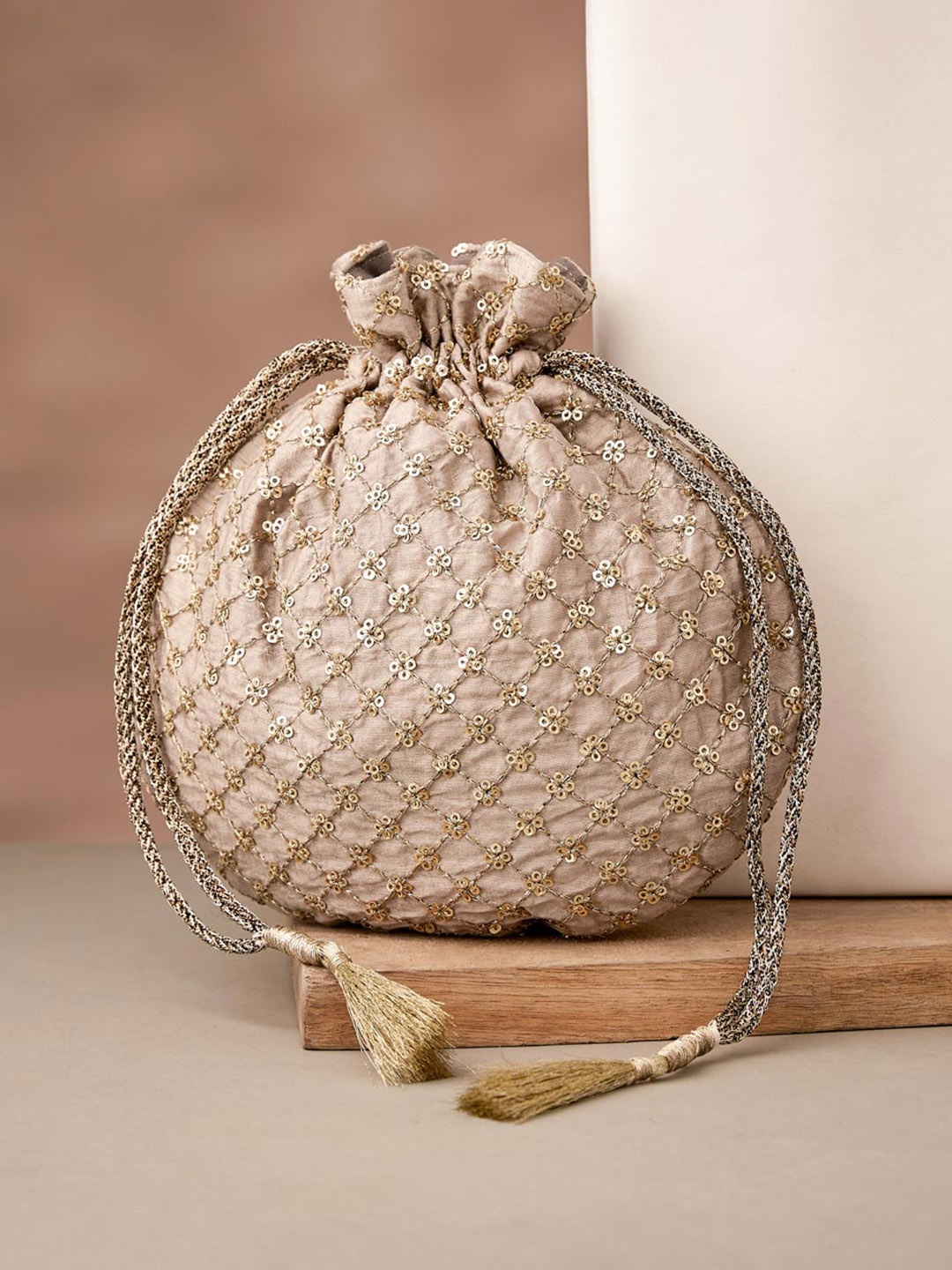 

Fabindia Embellished Wrist Loop Potli Clutch, Grey