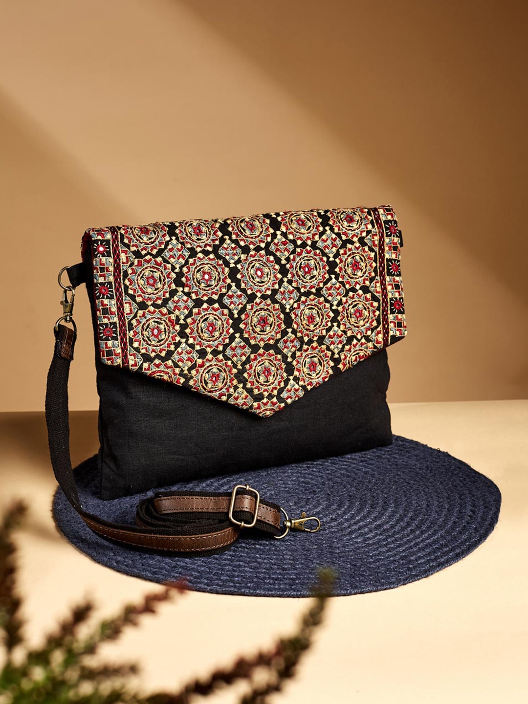 

Fabindia Embroidered Structured Cotton Sling Bag, Black