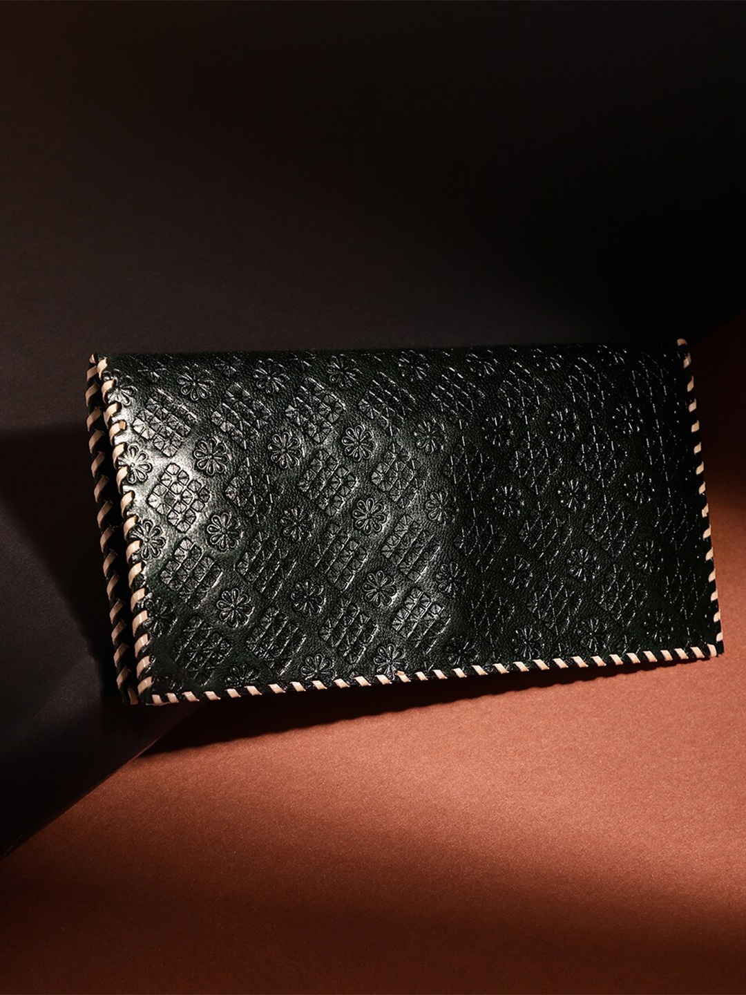 

Fabindia Women Ethnic Motifs Textured Leather Two Fold Wallet, Green