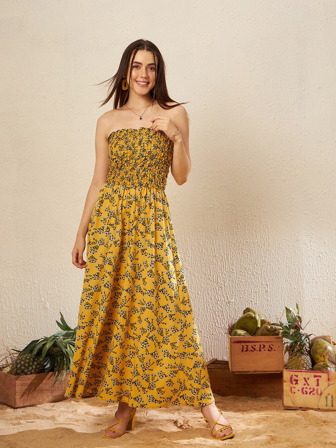 

KASSUALLY Yellow & Black Floral Printed Off-Shoulder Smocked Fit & Flare Maxi Dress