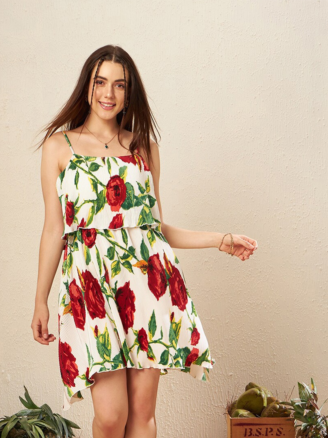 

KASSUALLY Off White & Red Floral Printed Satin Fit & Flare Mini Dress