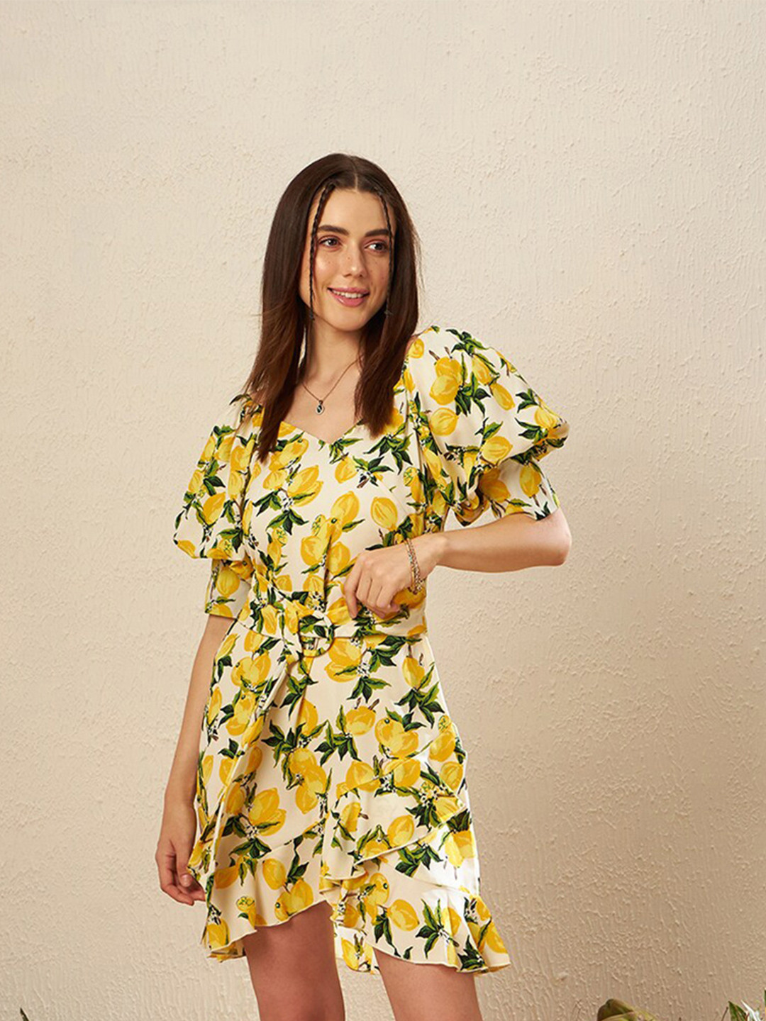 

KASSUALLY Floral Printed Puff Sleeves Layered A-Line Dress, Off white