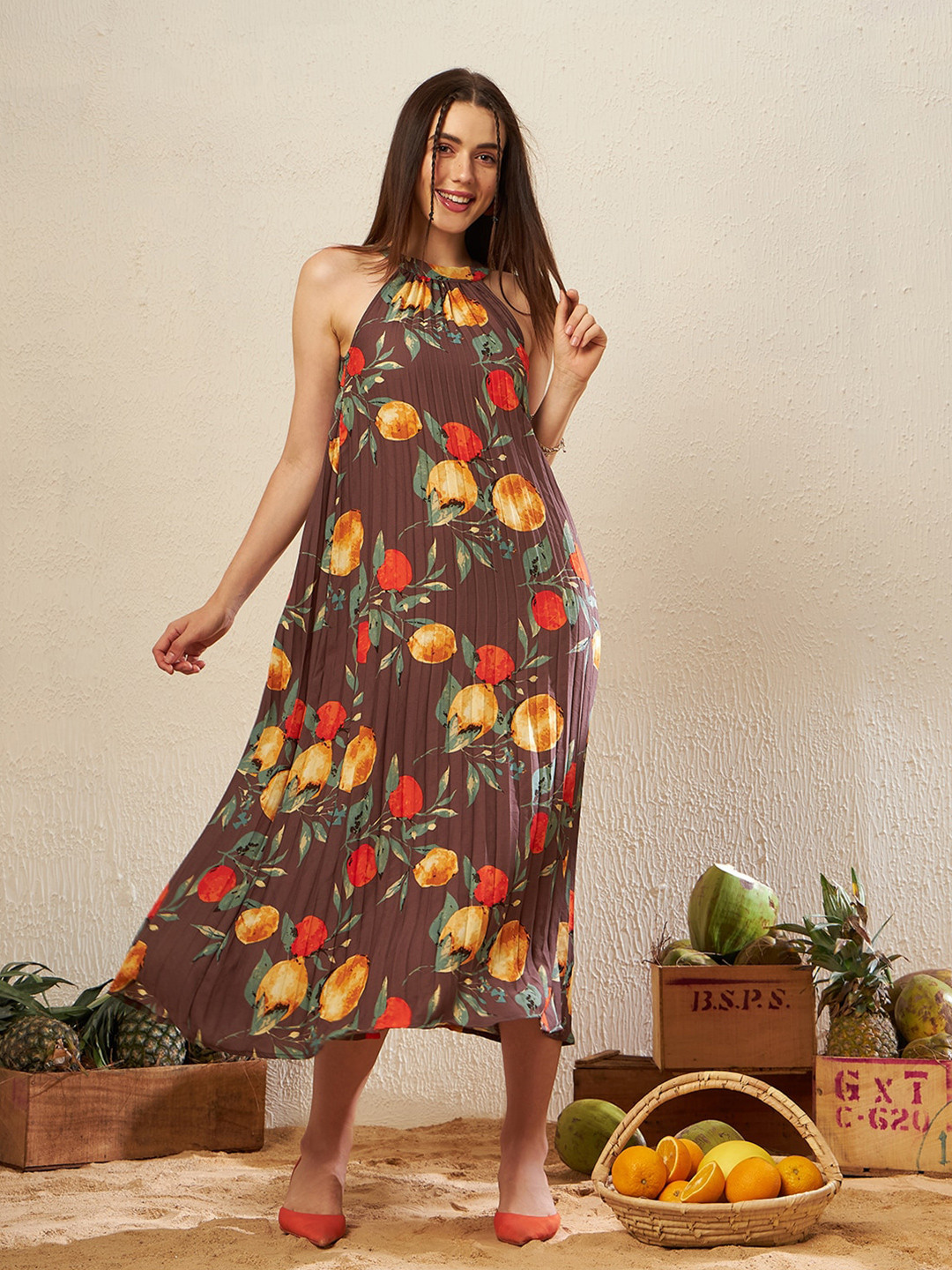 

KASSUALLY Mauve & Red Floral Printed Choker Neck Accordion Pleated A-Line Dress