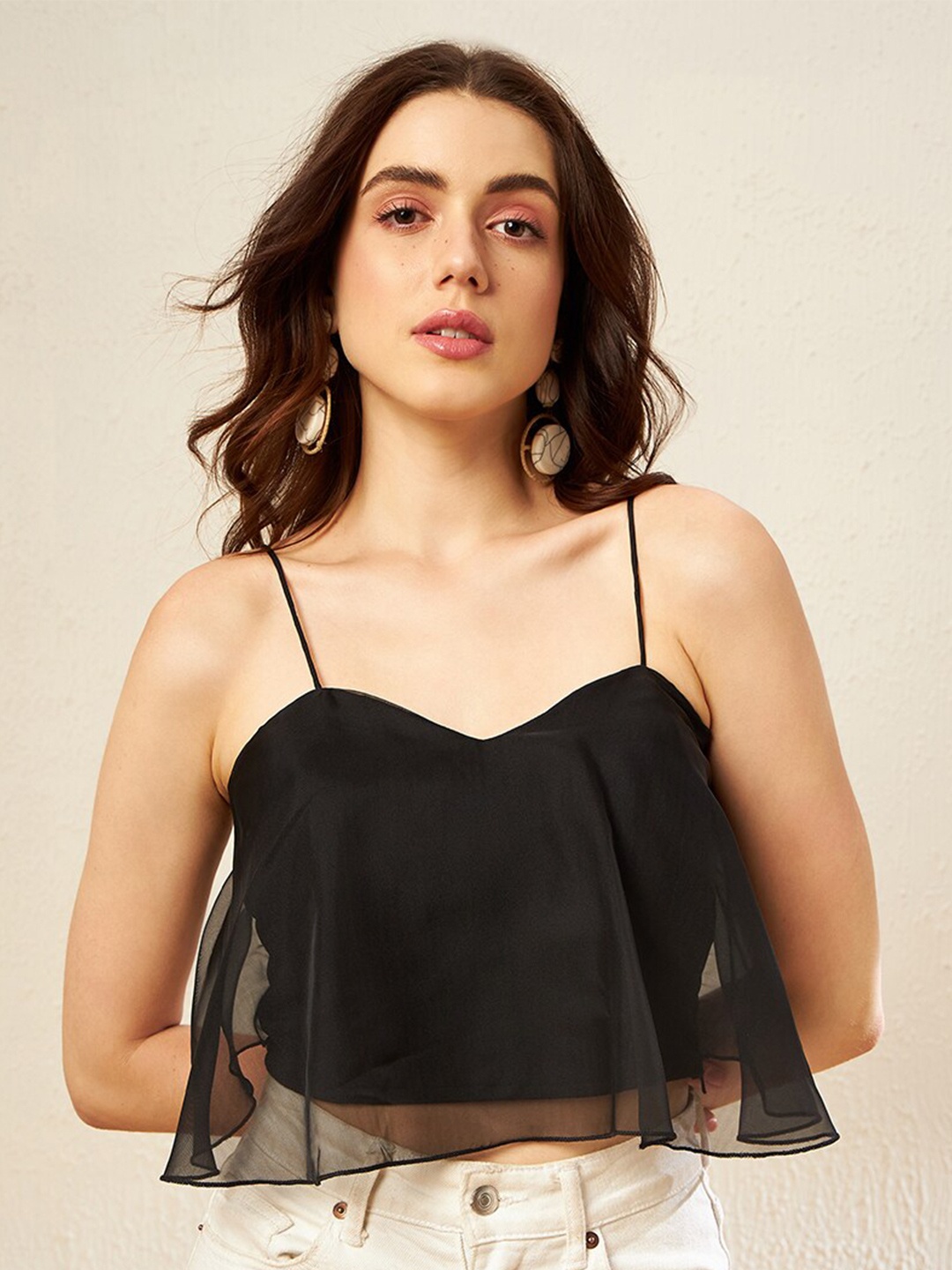 

KASSUALLY Black Shoulder Straps A-Line Crop Top