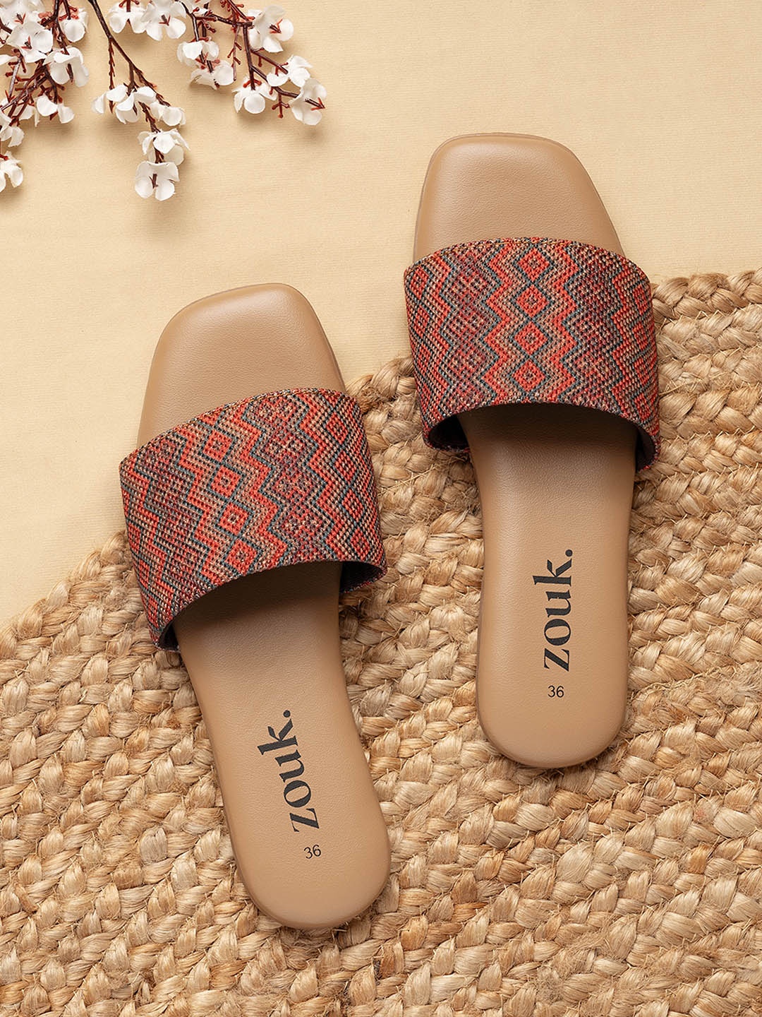 

ZOUK Printed Twill Open Toe Flats, Red