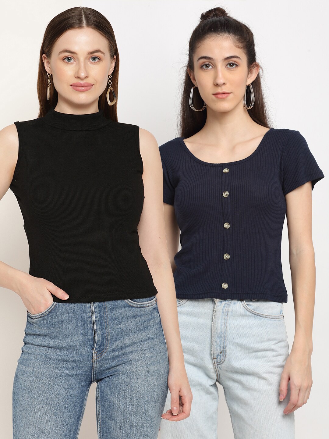 

Miaz Lifestyle Pack Of 2 Ribbed Cotton Fitted Top, Blue