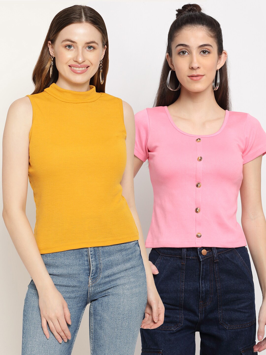 

Miaz Lifestyle Pack Of 2 Cotton Crop Top, Yellow
