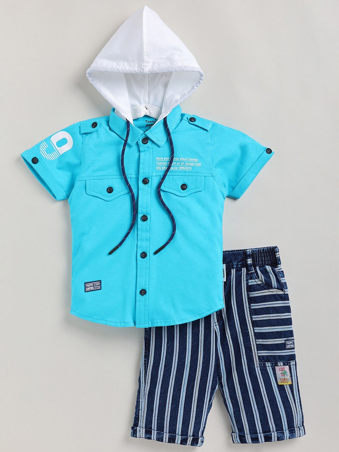 

Toonyport Boys Printed Hooded Cotton Lycra Shirt With Shorts, Blue