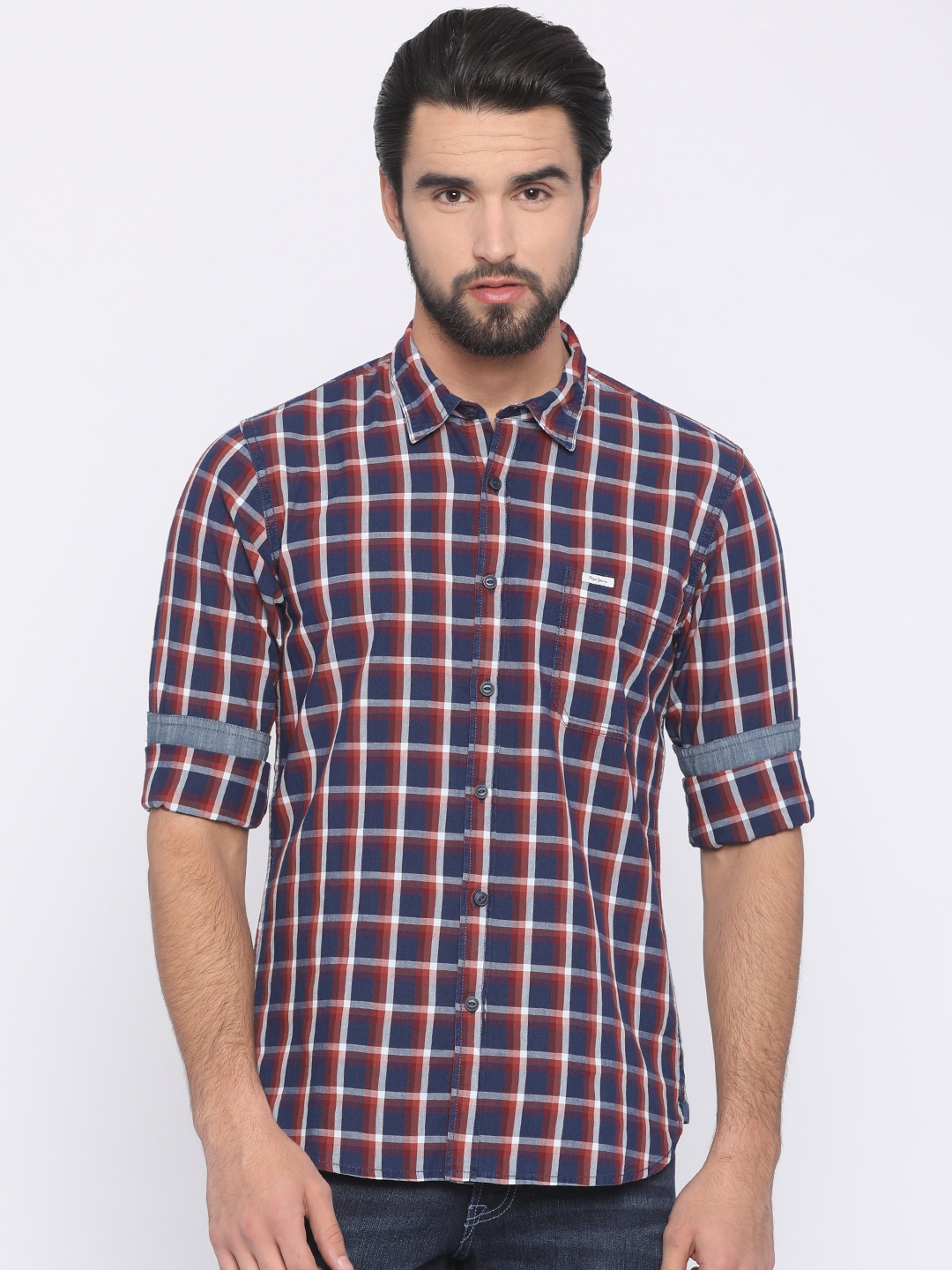 

Pepe Jeans Men Red & Blue Slim Fit Checked Casual Shirt